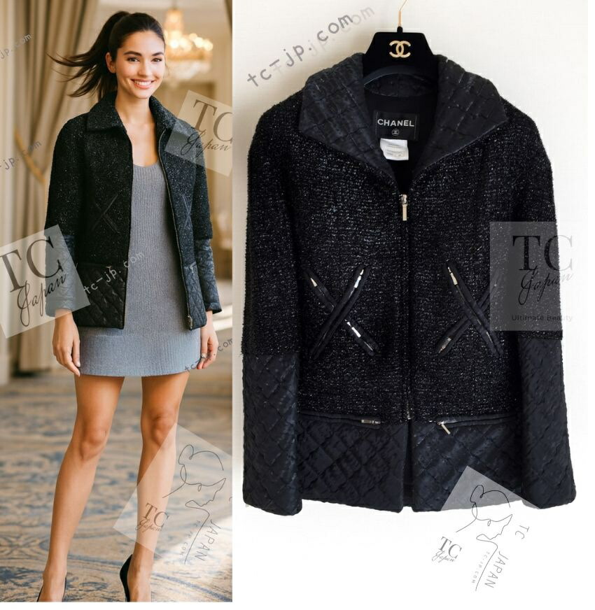 [中古] シャネル ジャケット CHANEL 98万 ブラック 黒 メタリック ツイード ジッパー カール・ラガーフェルド 超美品 34 ランウェイ登場 レア貴重 ハーフコート
