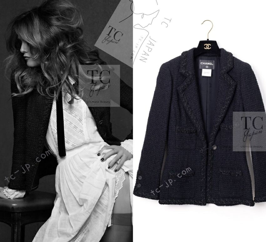 [中古] シャネル リトル 黒いこと 上衣 CHANEL ツィード 羊毛 ココボタン 長い巻き毛・ラガーフェルド 価値高い 手に入れる捉え所のない 黒 超美品 38