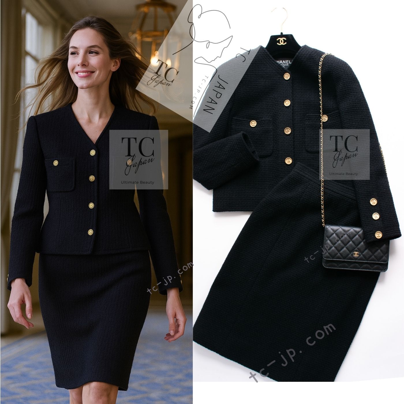 [中古] シャネル ヴィンテージ 背広 CHANEL 黒いこと 羊毛 CC ゴールド ココボタン  ツィード 上衣 スコート 価値高いな91A 押さえる版 34 36