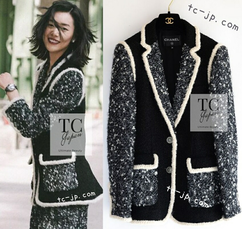 [中古] シャネル 上衣 CHANEL 89万 黒いこと 象牙色 刈り込み 色つや立ちはだかる ツィード ココマーク 長い巻き毛・ラガーフェルド 超美品 42