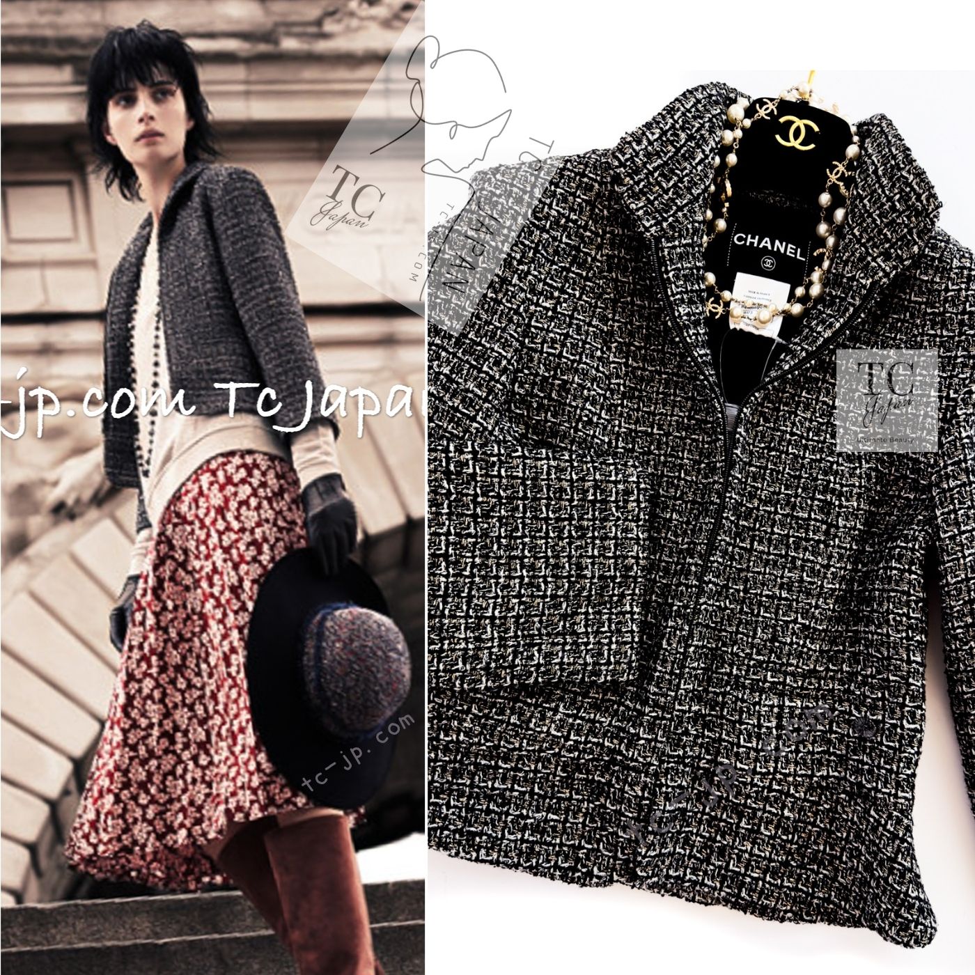[中古] シャネル ジャケット CHANEL ブラック グレー シルバー ゴールド メタリック ジッパー ツイード カール・ラガーフェルド 超美品 36 38｜TC-Japan 店