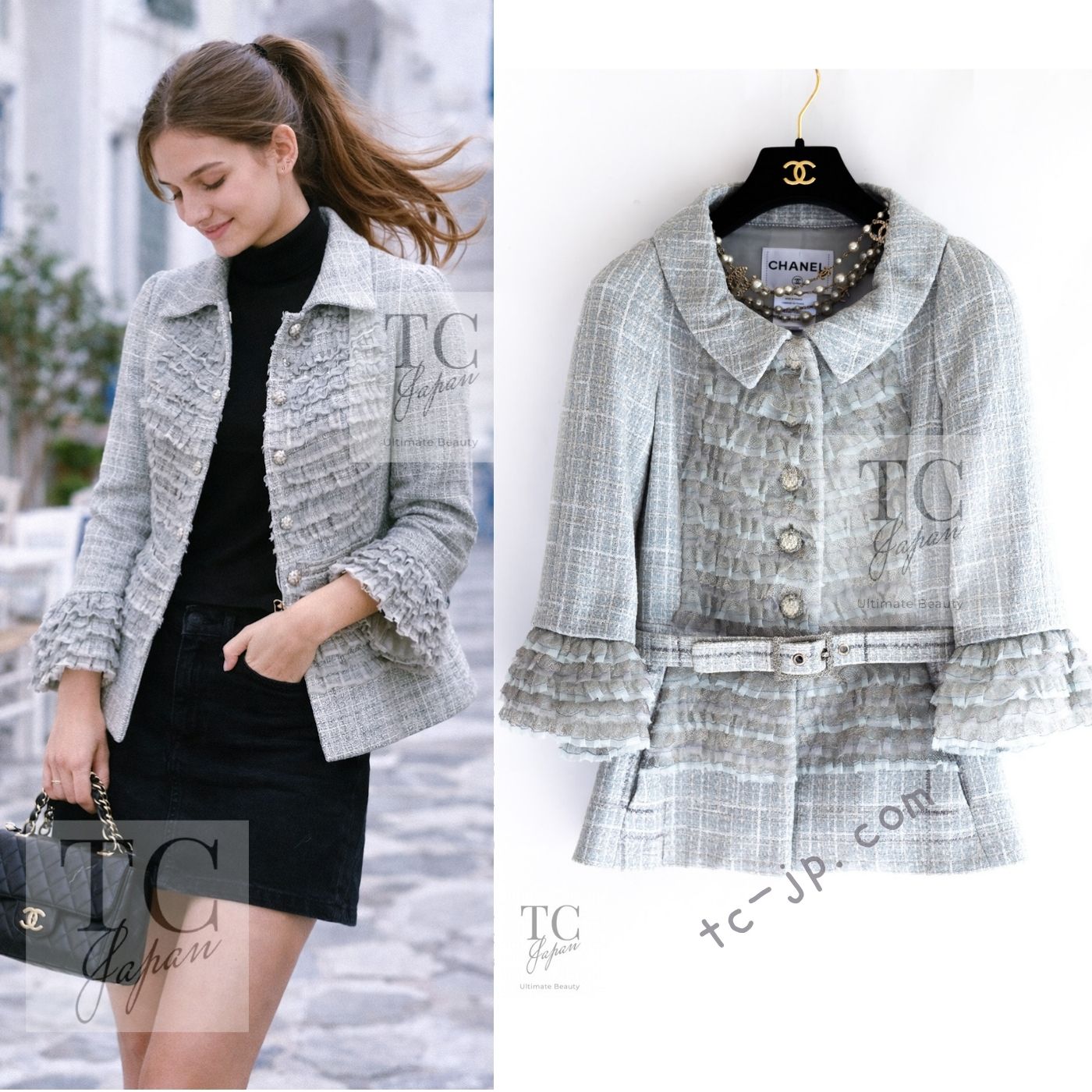 [中古] シャネル 上衣 CHANEL 青み 薄墨色 ラッフル ツィード 胴締め付き添い人 長い巻き毛・ラガーフェルド 113万 価値高い レア 超美品 34