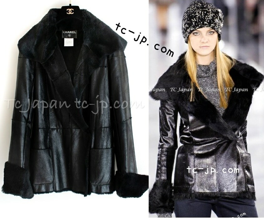[中古] シャネル 上衣 厚地の外套 CHANEL  150万 黒 黒いこと 軽んじてて 飛び切りやわらか なめし革 革 ラビットファー ラパン 超美品 価値高い 36 38