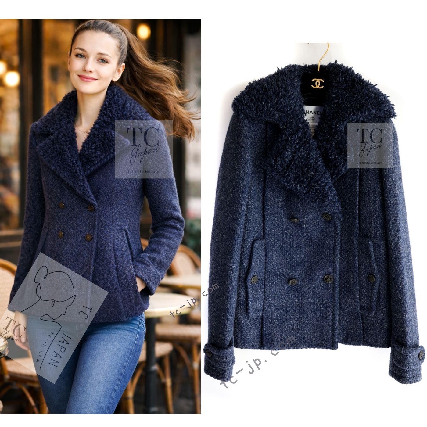 [中古] シャネル コート ジャケット CHANEL ネイビー ボア襟付き ウール ダブル カール・ラガーフェルド 75万 超美品 36 38