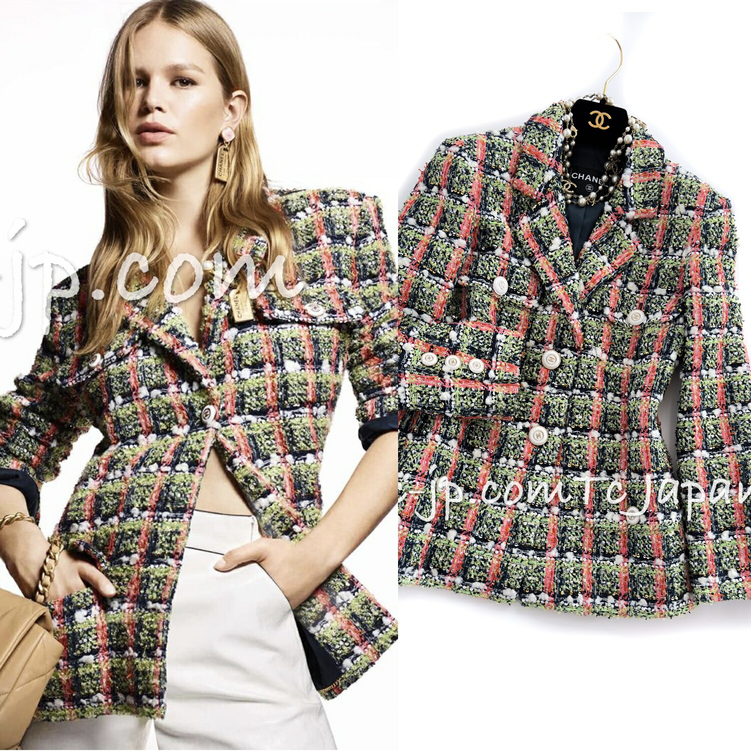 [中古] シャネル 上衣 CHANEL 20C / 2020緑であることオレンジ色 ネイビーミックスカラー スパンコール ツィード 幽客通い路御出まし 価値高い 新品負けず劣らず 38