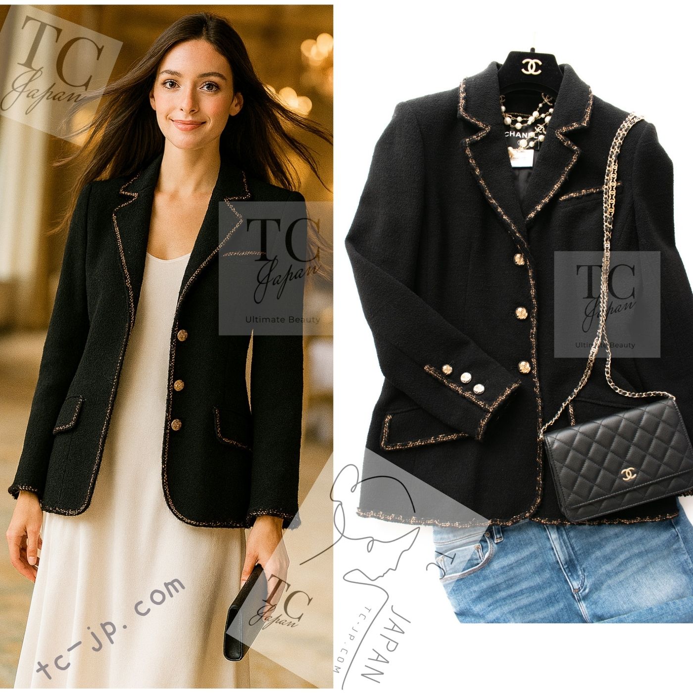 [中古] シャネル ジャケット CHANEL ブラック ゴールド ライン トリム ウール ブレザー カール・ラガーフェルド 定番 人気 超美品 34｜TC-Japan 店