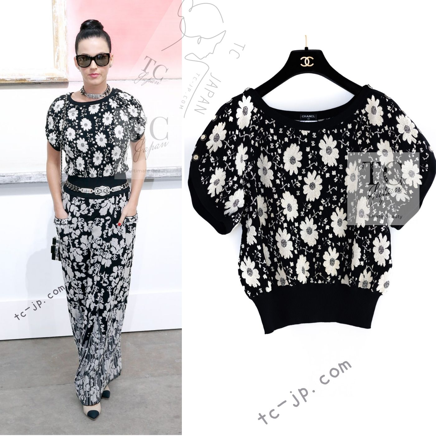 [中古] シャネル トップス CHANEL ブラック アイボリー カメリア 花柄 ニット ココボタン ケイティ・ペリー着 カール・ラガーフェルド 36万 38｜TC-Japan 店 71,995円