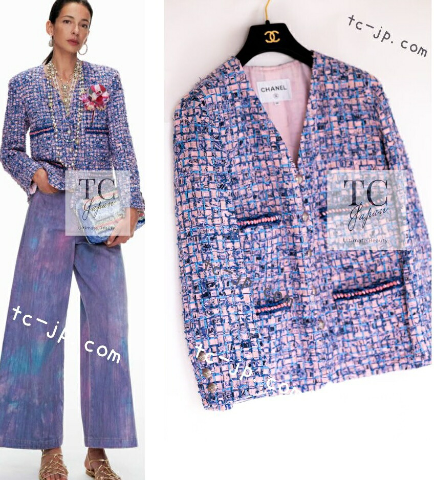 [中古] シャネル 上衣 CHANEL 21なおなお書き 青色 さくら色 パープル 九夏 ルサージュ ツィード 119万 価値高い 超美品 40 レディースファッション-コート・ジャケット