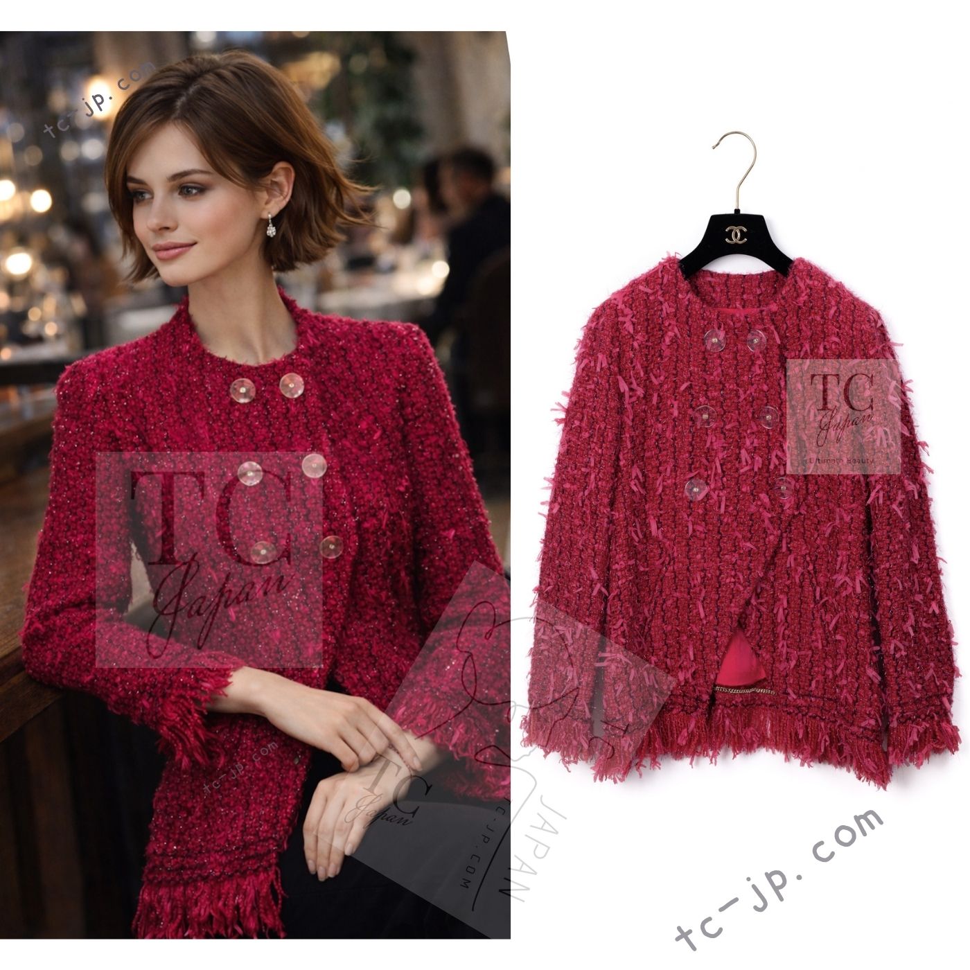 [中古] シャネル 上衣 CHANEL マジェンダ 赤いこと サクラ色 フリンジ 刈り込み 幻想曲 ツィード 長い巻き毛・ラガーフェルド 価値高い 超美品 40