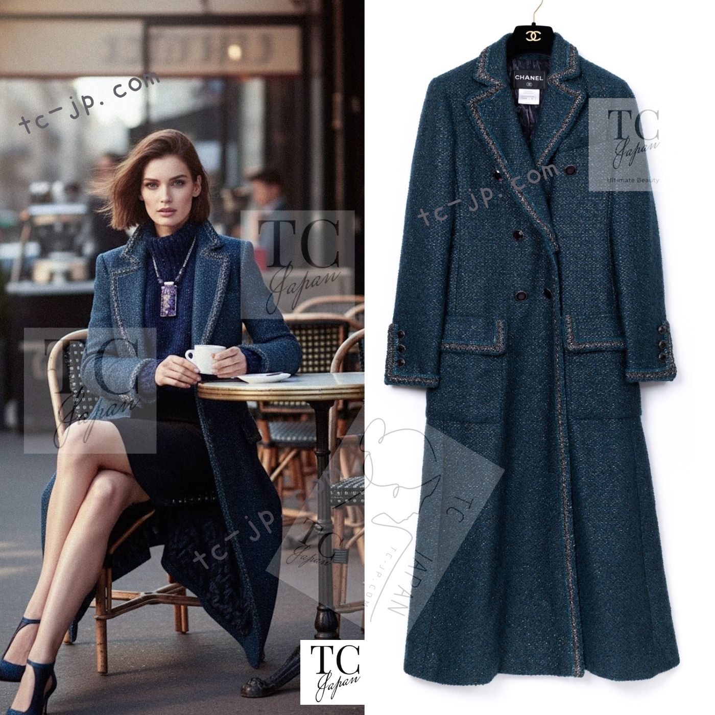 [中古] シャネル コート CHANEL エメラルド グリーン メタリック ツイード ロング グリポワ宝石ボタン カール・ラガーフェルド 178万 超美品 34 36