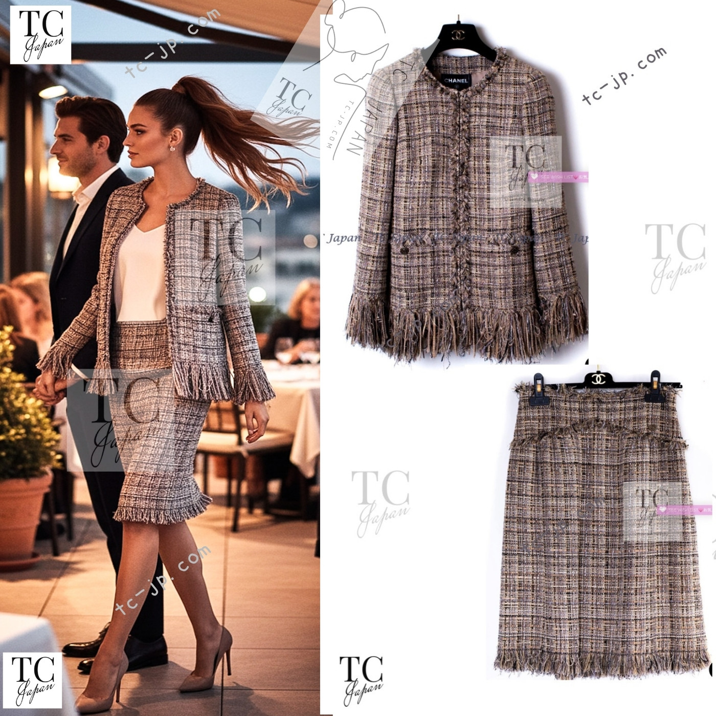 [中古] シャネル 上衣 背広 CHANEL ベージュ フリンジ 手先 人はだ ツィード スコート もの言う花押し出し 長い巻き毛・ラガーフェルド 超美品 38