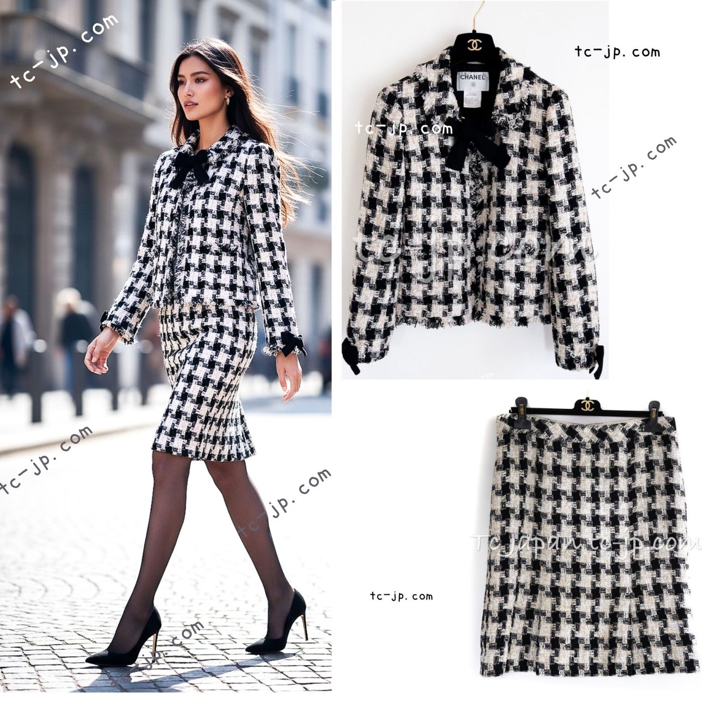 [中古] シャネル スーツ CHANEL アイボリー ベージュ リボン ツイード ジャケット スカート カール・ラガーフェルド 超美品 38 42