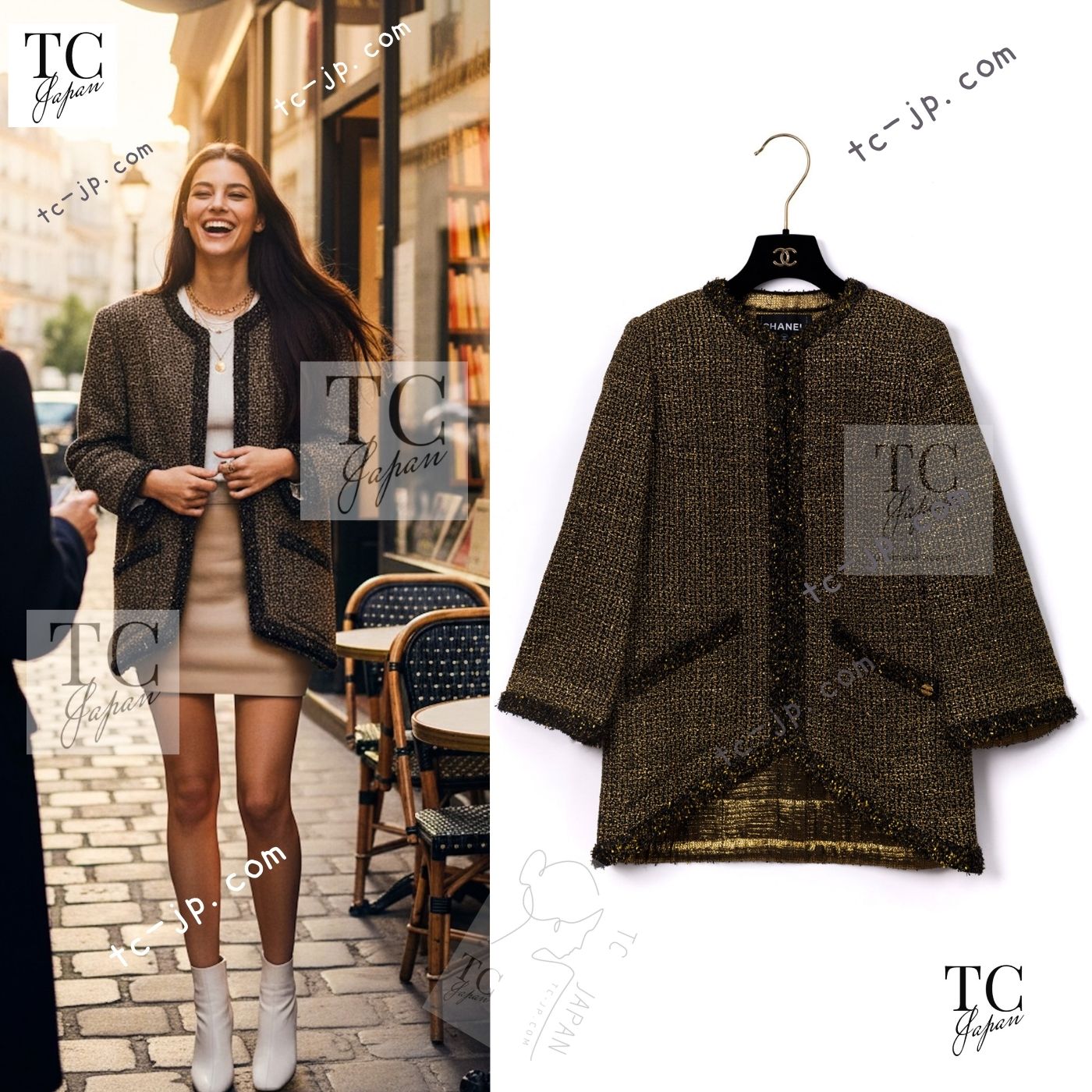 [中古] シャネル ジャケット コート CHANEL ゴールド ブラック ノーカラー コットン メティエダール カール・ラガーフェルド 超美品 36 38 202,950円