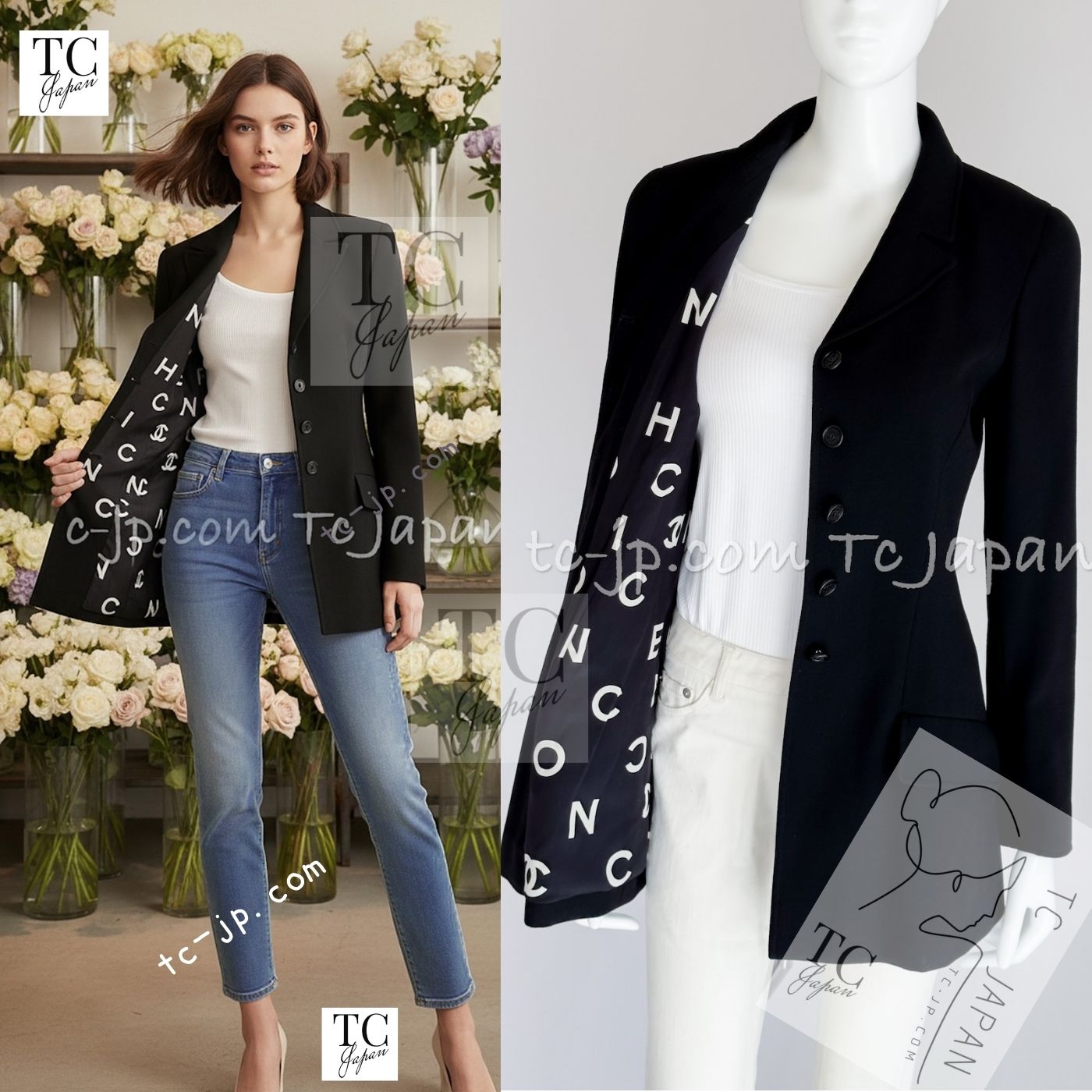 シャネル ジャケット CHANEL ヴィンテージ ブラック シルク100% 裏地 CCロゴ柄 貴重 超美品 36 長袖