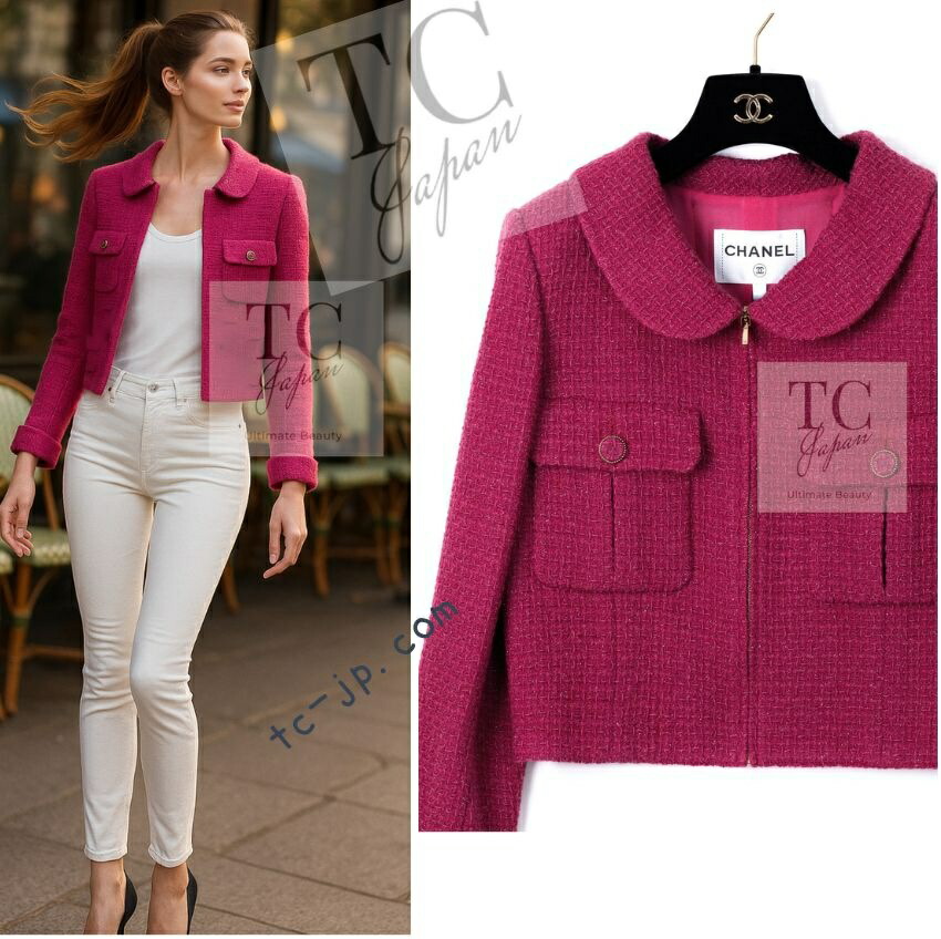 [中古] シャネル 上衣 CHANEL マジェンダ ラズベリー ピンクメタリック ファスナー ツィード 幽客通い路 長い巻き毛・ラガーフェルド 超美品 36 38