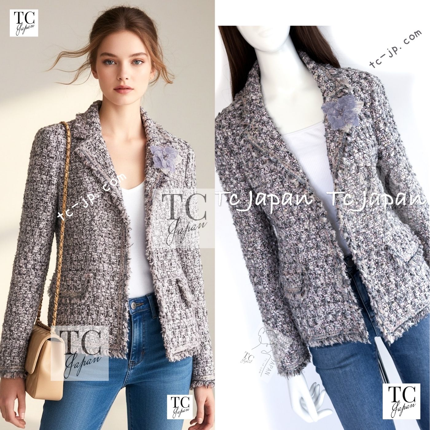[中古] シャネル ジャケット CHANEL グレー ピンク ラベンダー マルチ ツイード カールラガーフェルド 貴重 大人気 38 ランウェイ登場 【約9号/M】｜TC-Japan 店