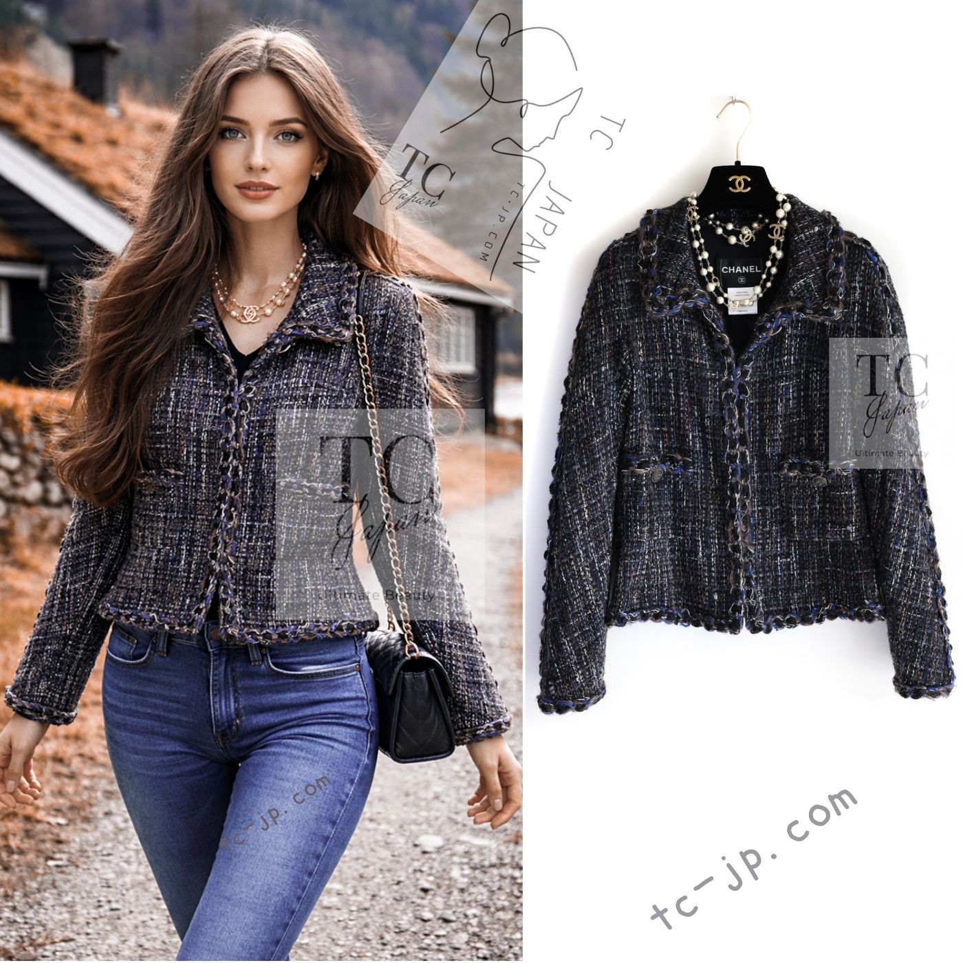 [中古] シャネル カーディガン ジャケット CHANEL ネイビー ブラック CCロゴ ココ ボタン トリム ツイード カール・ラガーフェルド 超美品 42｜TC-Japan 店