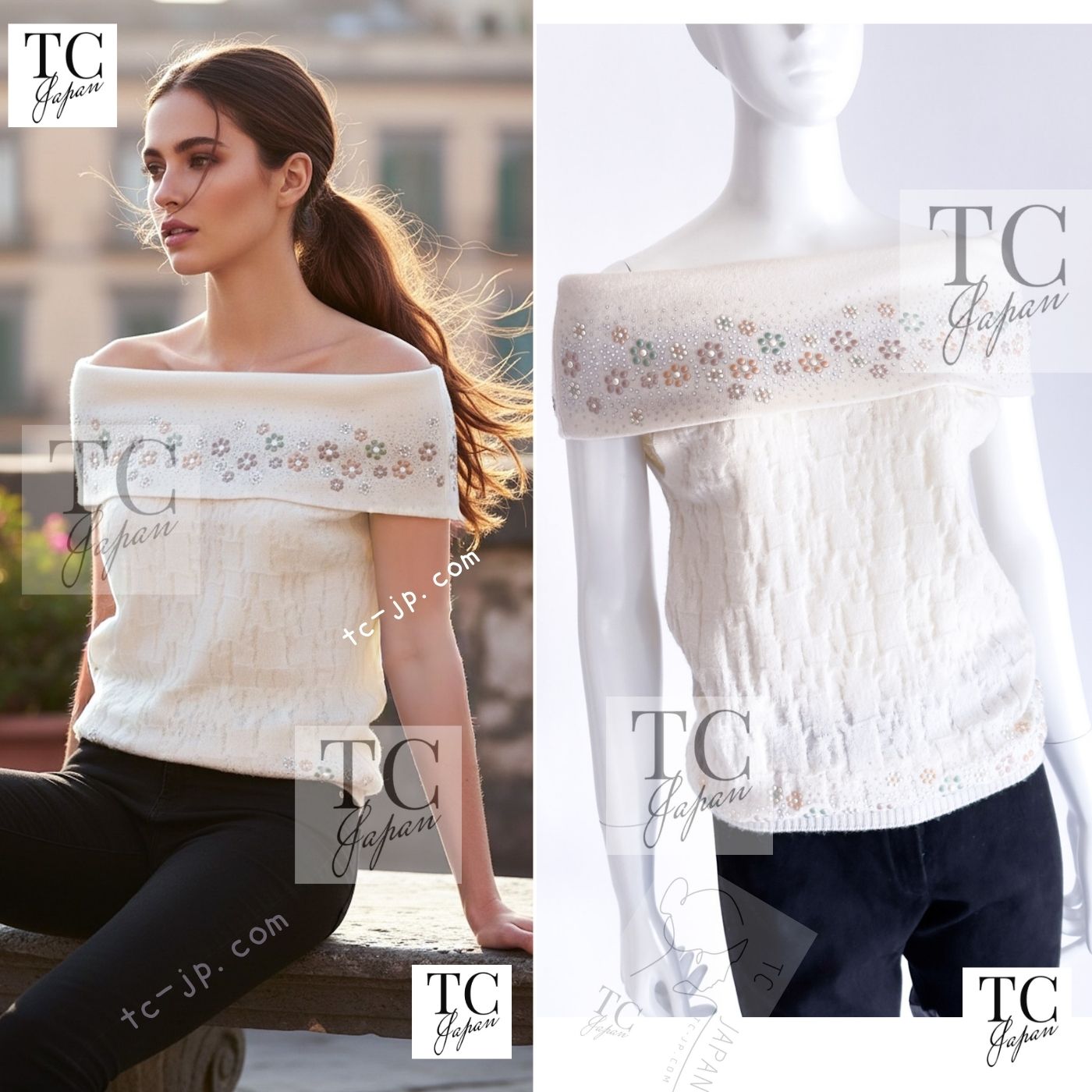 [中古] シャネル セーター CHANEL スワロフスキー 極上カシミア ノースリーブ ニット きらきら宝石 ふんわり柔らか カール美人見え 超美品 36 38