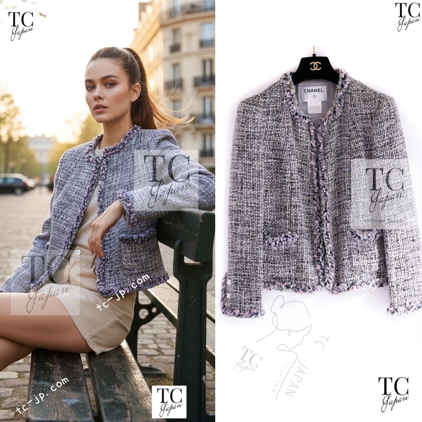 [中古] シャネル ジャケット CHANEL ラベンダー ピンク グレー ルサージュ ツイード ノーカラー カールラガーフェルド 人気 定番 超美品 34 36｜TC-Japan 店