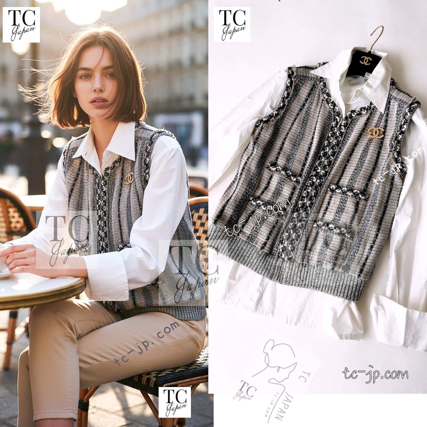 [中古] シャネル ベスト トップス CHANEL 美人見え ベージュ ネイビー スパンコール 麻リネン ニット ランウェイ登場 ジレ 貴重 超美品 38