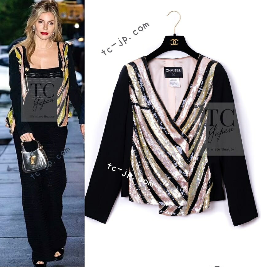 [中古] シャネル ヴィンテージ ジャケット CHANEL ブラック ベージュ ピンク ウールシルク スパンコール装飾 カール・ラガーフェルド 超美品 36 38