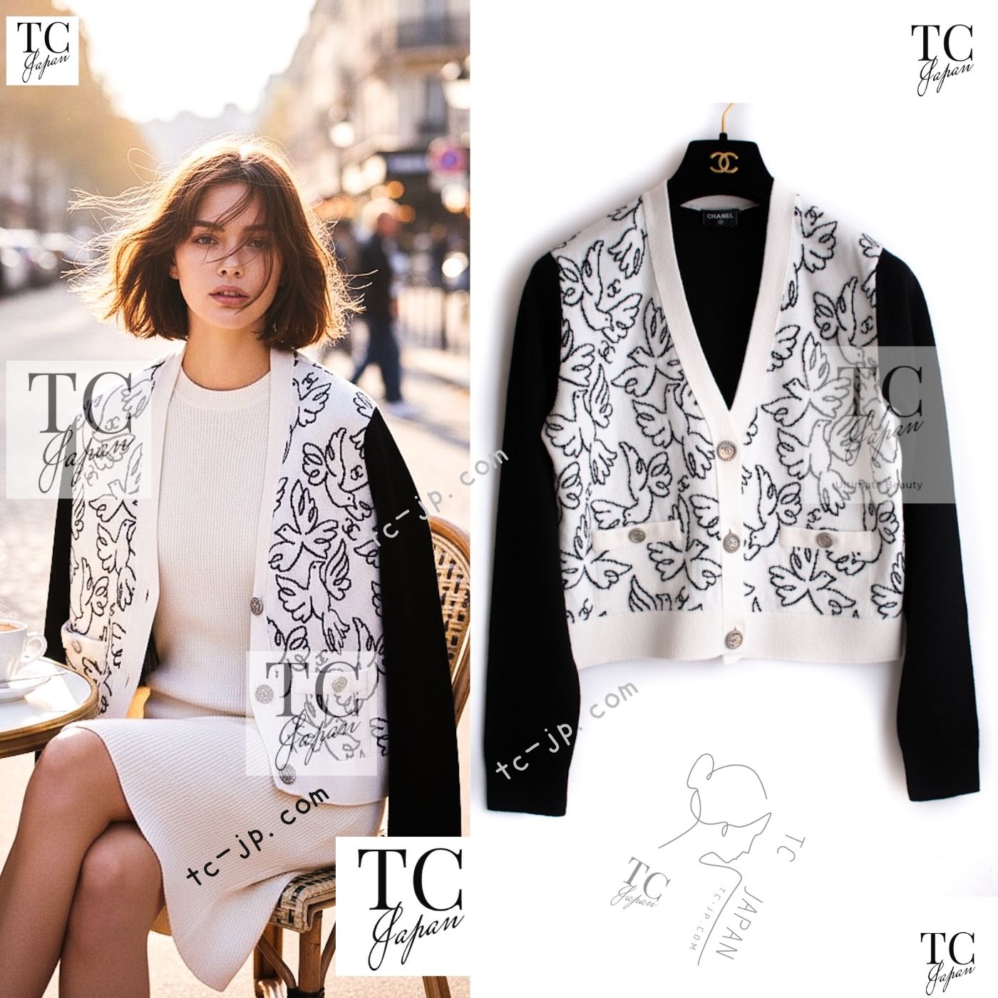 [中古] シャネル カーディガン CHANEL 2022 ホワイト幸運ラッキーバード やわらか極上 カシミヤ 春夏サマーニット 40万 ココボタン 超美品 36 147,950円