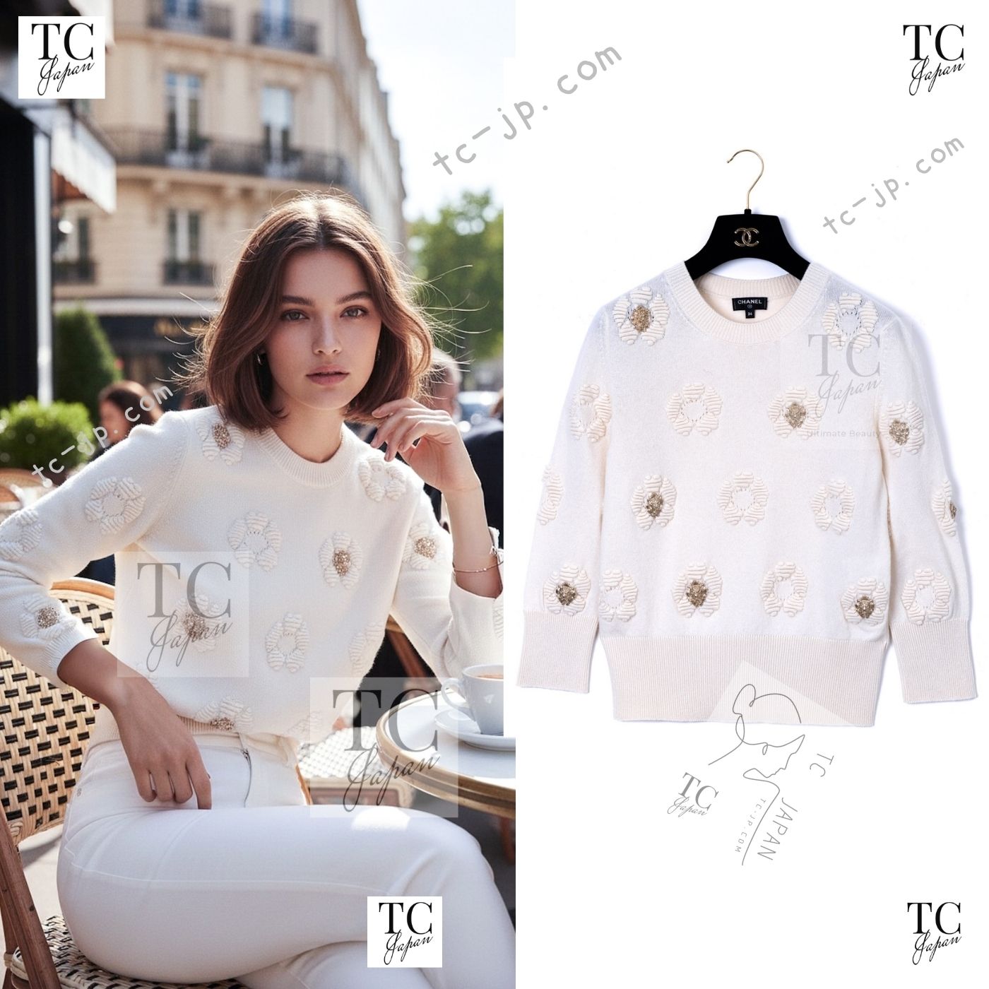 [中古] シャネル トップス スウェーター CHANEL 象牙色 カシミール 百獣の王 かざり付ける 編み物 立体カメリア飾りつけ 長い巻き毛・ラガーフェルド 超美品 34