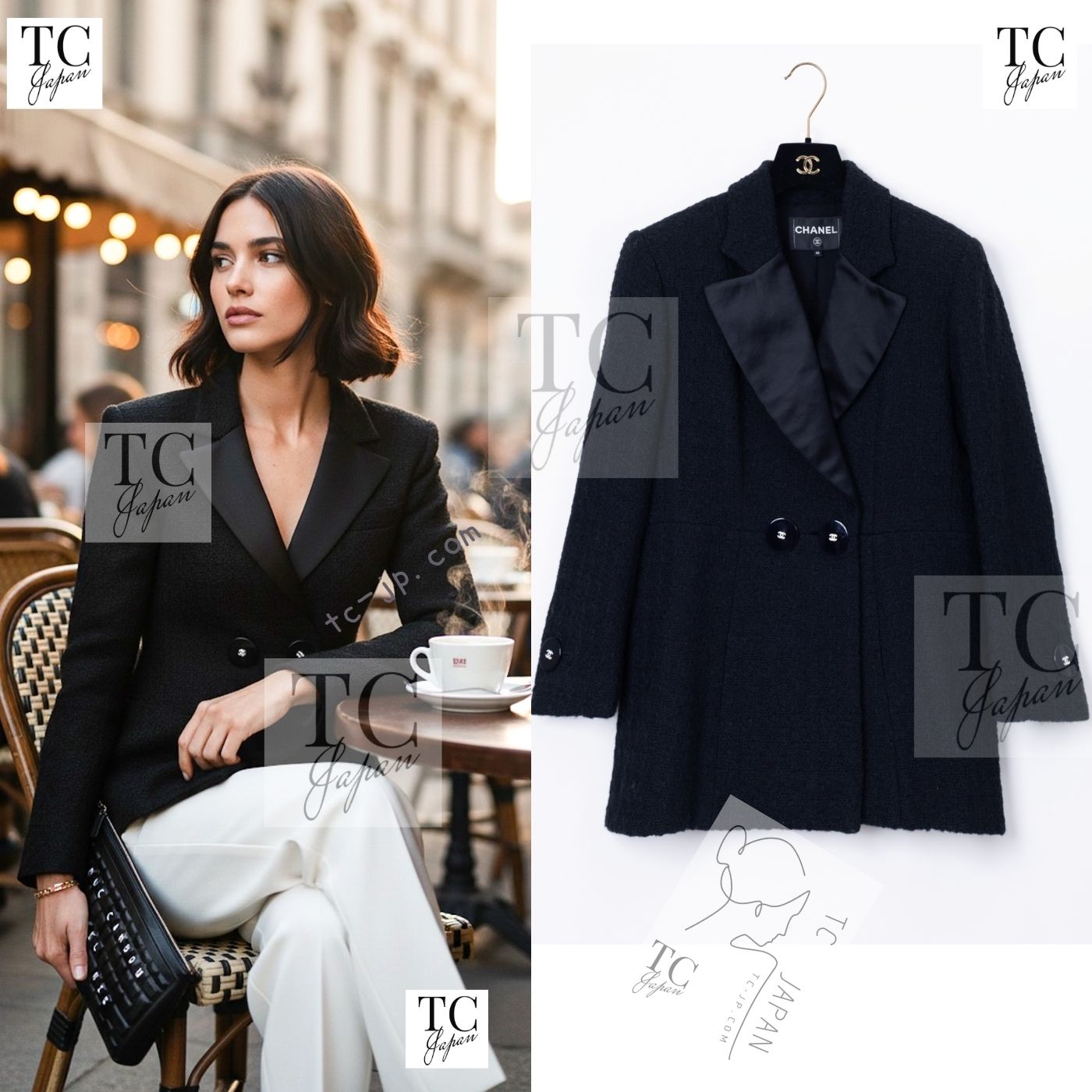 [中古] シャネル ジャケット CHANEL ブラック ウール ブレザー ダブル ココボタン カール・ラガーフェルド 希少サイズ 貴重 超美品 44 46｜TC-Japan 店