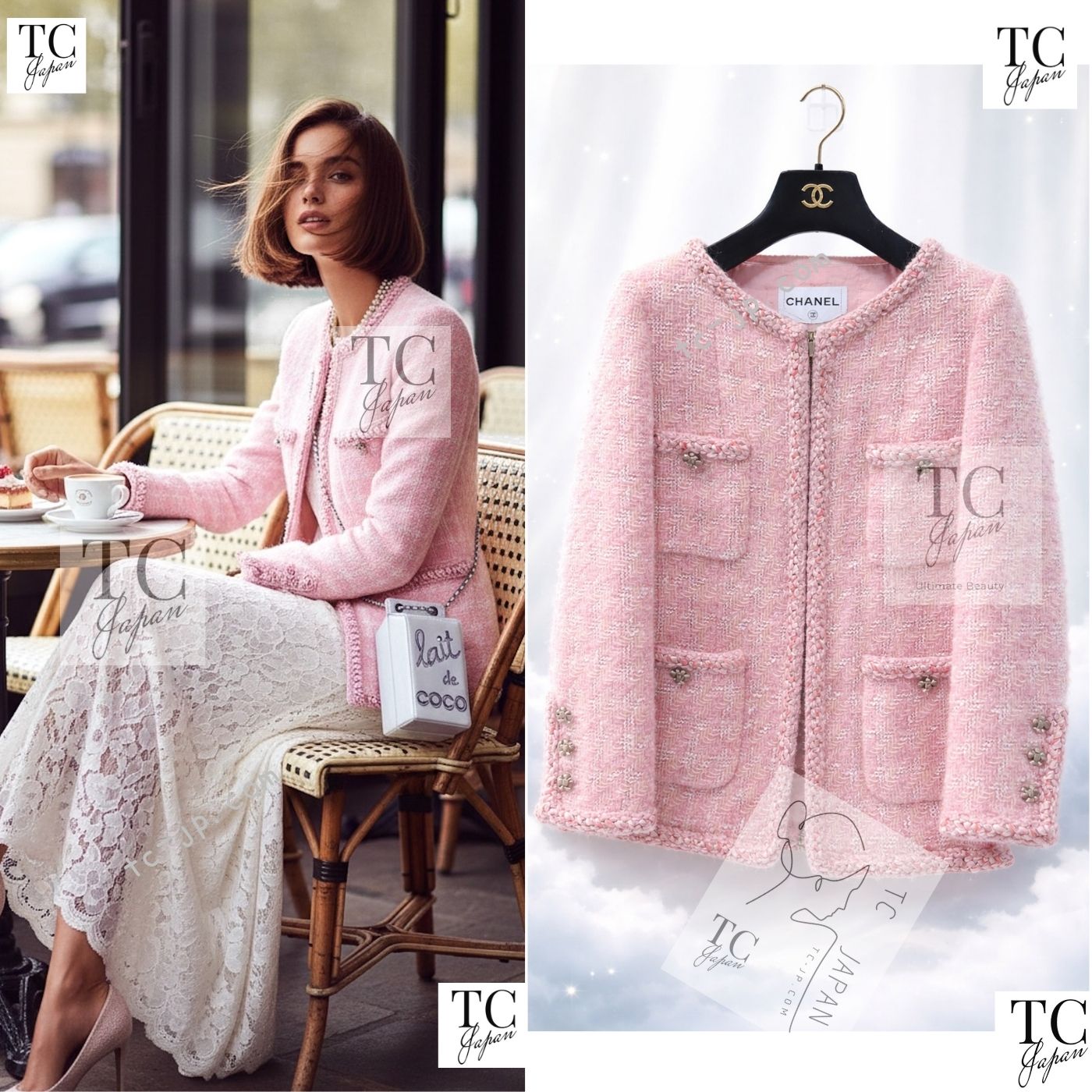 [中古] シャネル 上衣 CHANEL サクラ色 白いこと 羊毛 モヘヤ ファスナー 否色つや ツィード 厚地の外套 価値高い レディー・ガガ着付ける 超美品 34