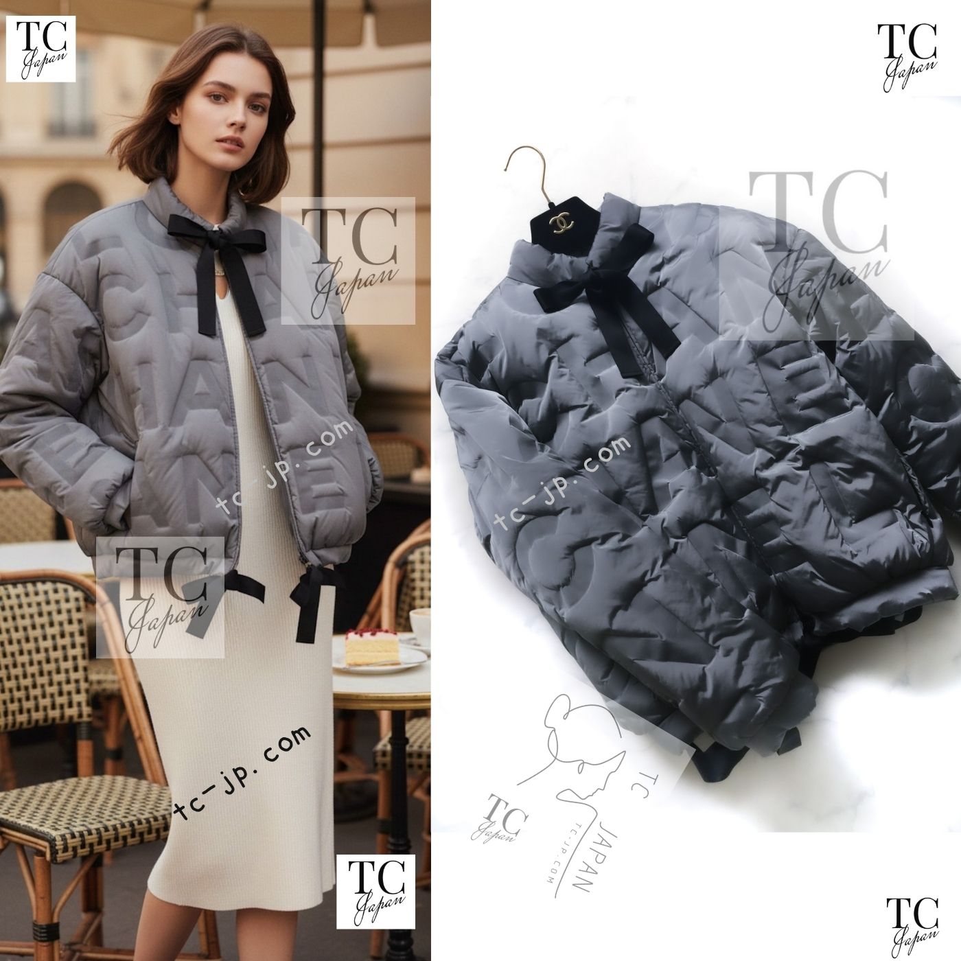 [中古] シャネル 落ち込む 上衣 CHANEL 59万 ともし火薄墨色 黒いこと シュロの葉 ロゴタイプ 厚地の外套 長い巻き毛・ラガーフェルド 超美品 34 36 38