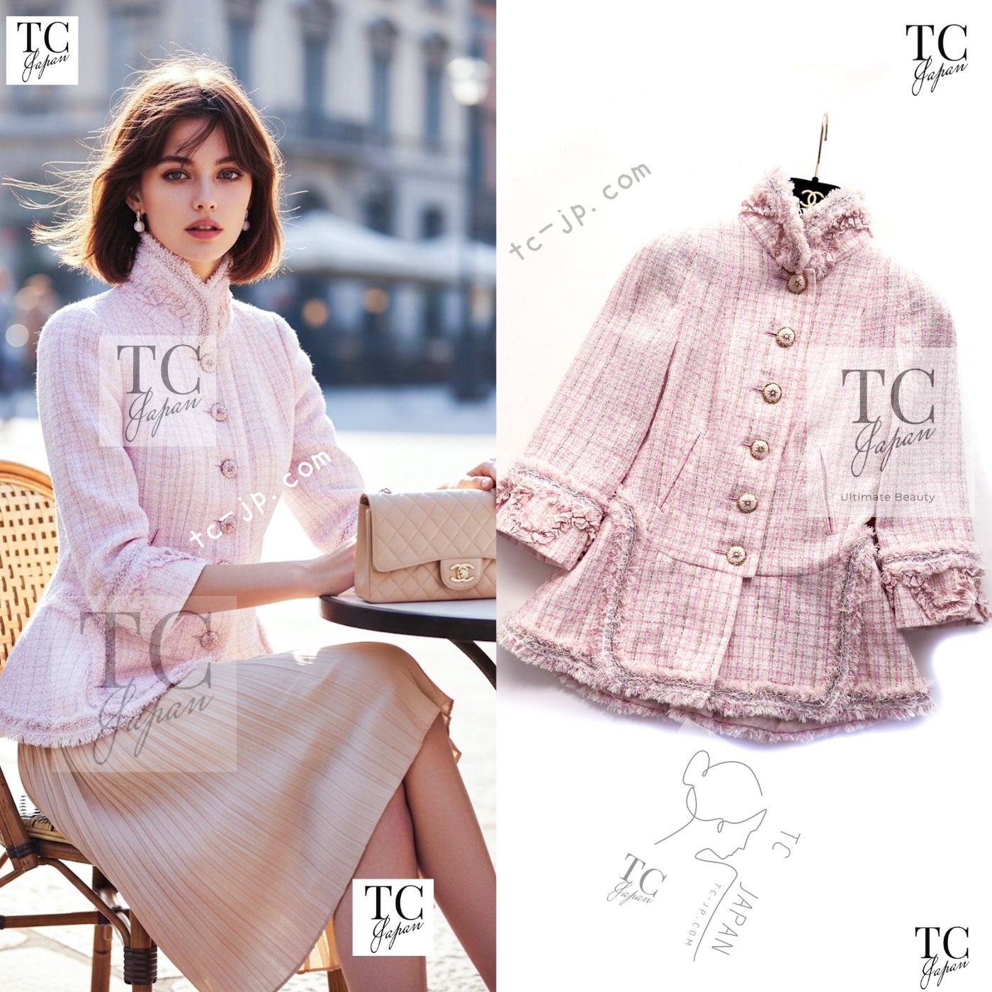 [中古] シャネル 上衣 CHANEL ペール サクラ色 照明ランプ色つや 150万 価値高いな七宝焼名取り草 可愛すぎる 長い巻き毛・ラガーフェルド 超美品 34