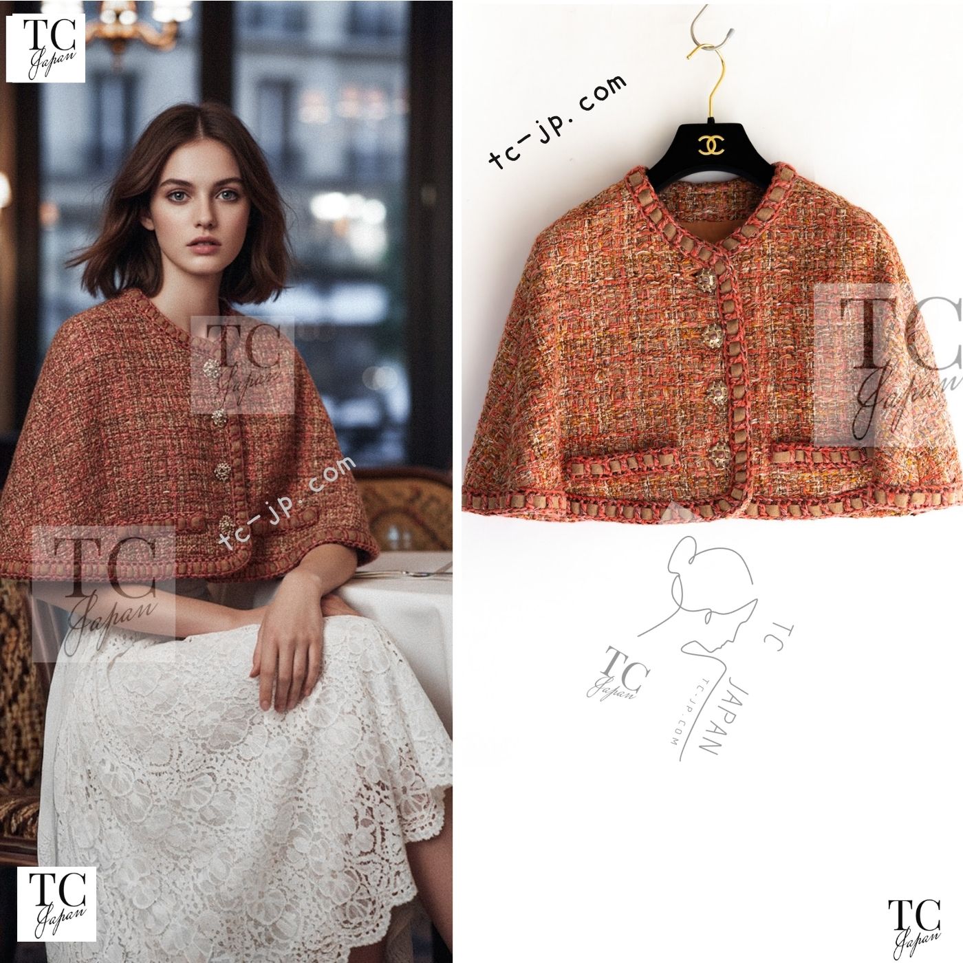 [中古] シャネル ポンチョ ケープ CHANEL 104万 オレンジ色 赤銅色 ベージュ ツィード 上衣 カールラガーフェルド レア 超美品 34 36 38