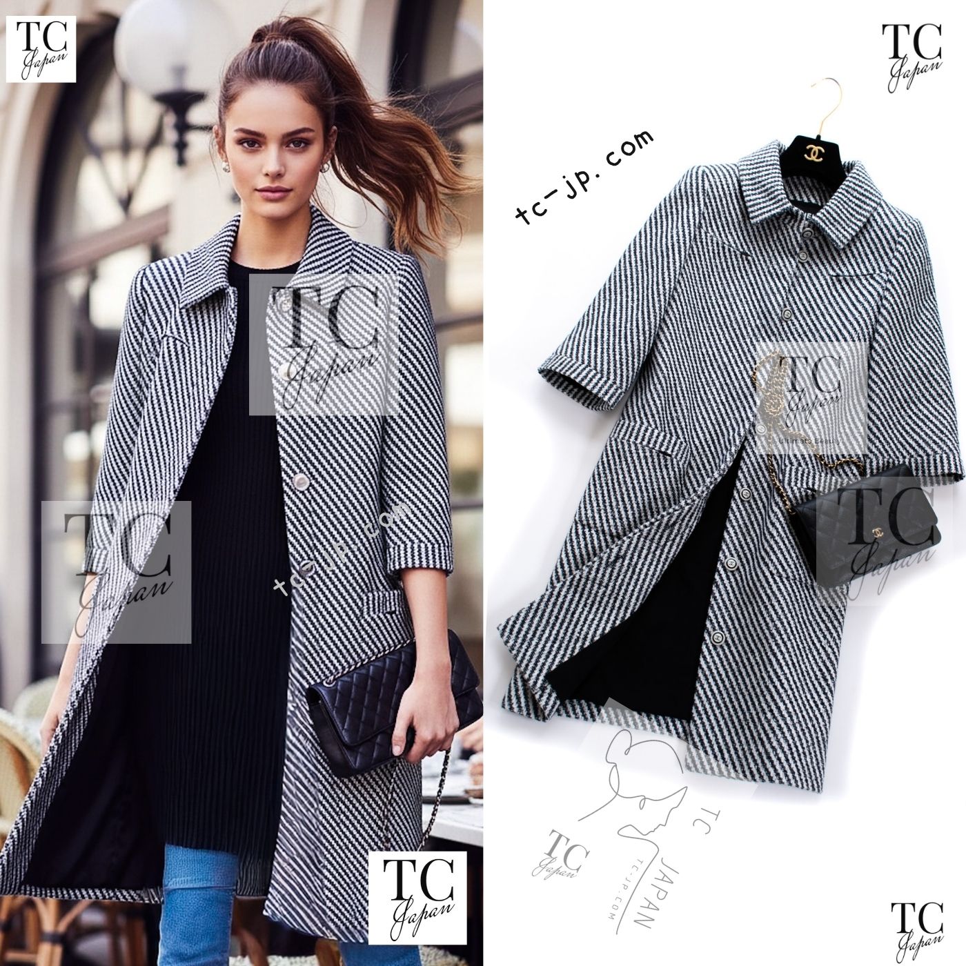 [中古] シャネル コート CHANEL オリーブ ネイビー ホワイト コットン ウール ツイード ロングジャケット カールラガーフェルド 97万 超美品 34