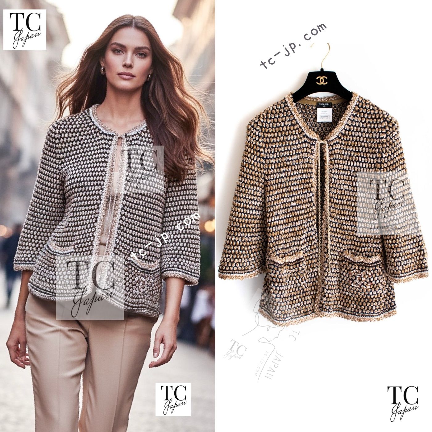 [中古] シャネル カーディガン CHANEL シャンパンゴールド ネイビー 女優愛用 さらり 春夏 サマー ニット カール 人気 定番 超美品 38 40