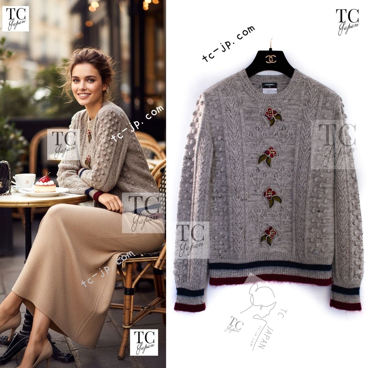 [中古] シャネル スウェーター CHANEL 薄墨色 羊毛 カシミール モヘヤ 御花 編み物 長い巻き毛・ラガーフェルド 超美品 38