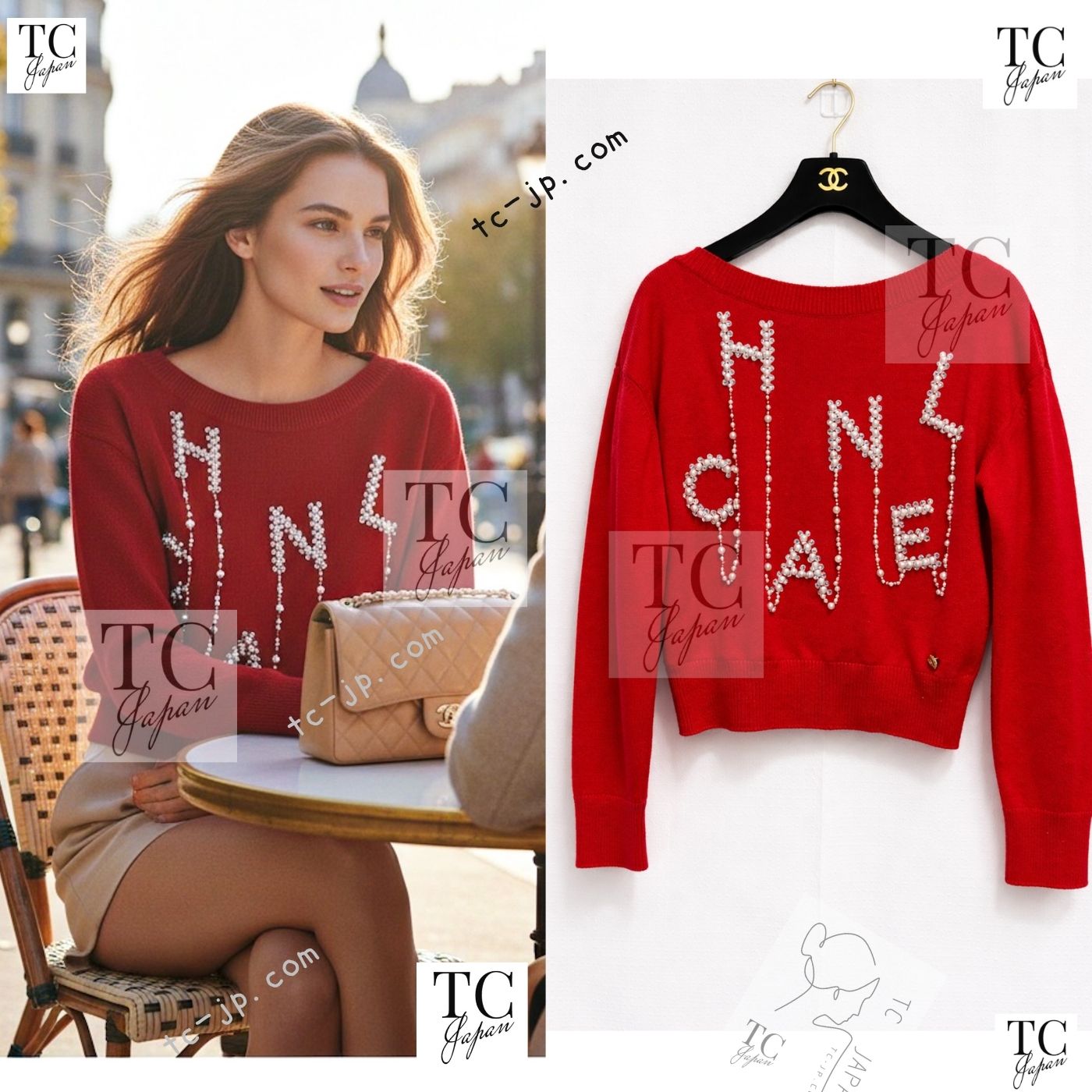 [中古] シャネル プルオーバー CHANEL 赤いこと カシミール 100% パール かざり付ける ロゴタイプ 編み物 晴れ晴れしい 価値高い 超美品 36 38