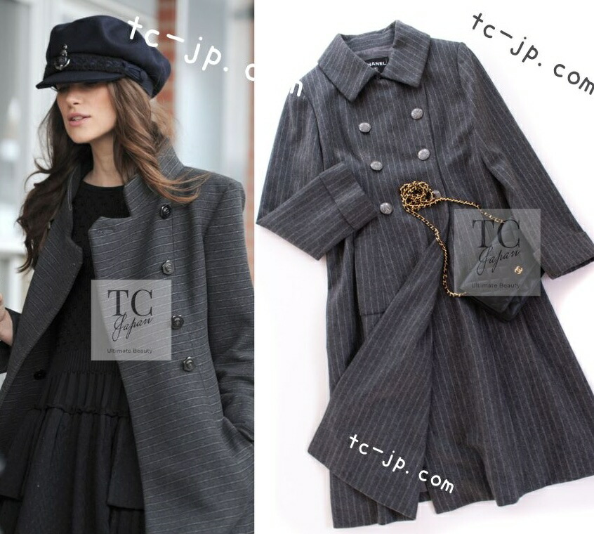 [中古] シャネル 厚地の外套 CHANEL 濃灰色 薄墨色 縞模様 羊毛100% 長い巻き毛・ラガーフェルド 女役者着付ける 超美品 36
