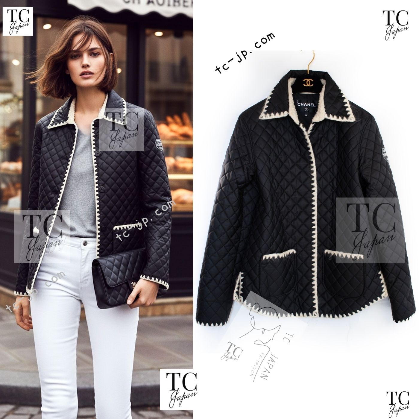 [中古] シャネル 上衣 厚地の外套 CHANEL ココ ネージュ シャネル 黒いこと 上衣 中綿 キルティング 長い巻き毛・ラガーフェルド 超美品 38