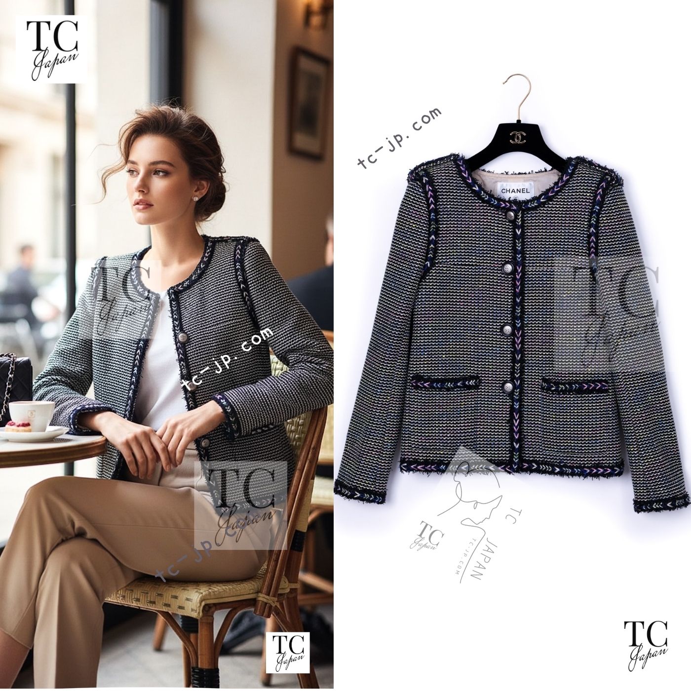 [中古] シャネル 上衣 CHANEL 黒いこと マルチ色つや エポレット ココマーク 名取り草 カールラガーフェルド ココボタン 価値高い 超美品 34 36