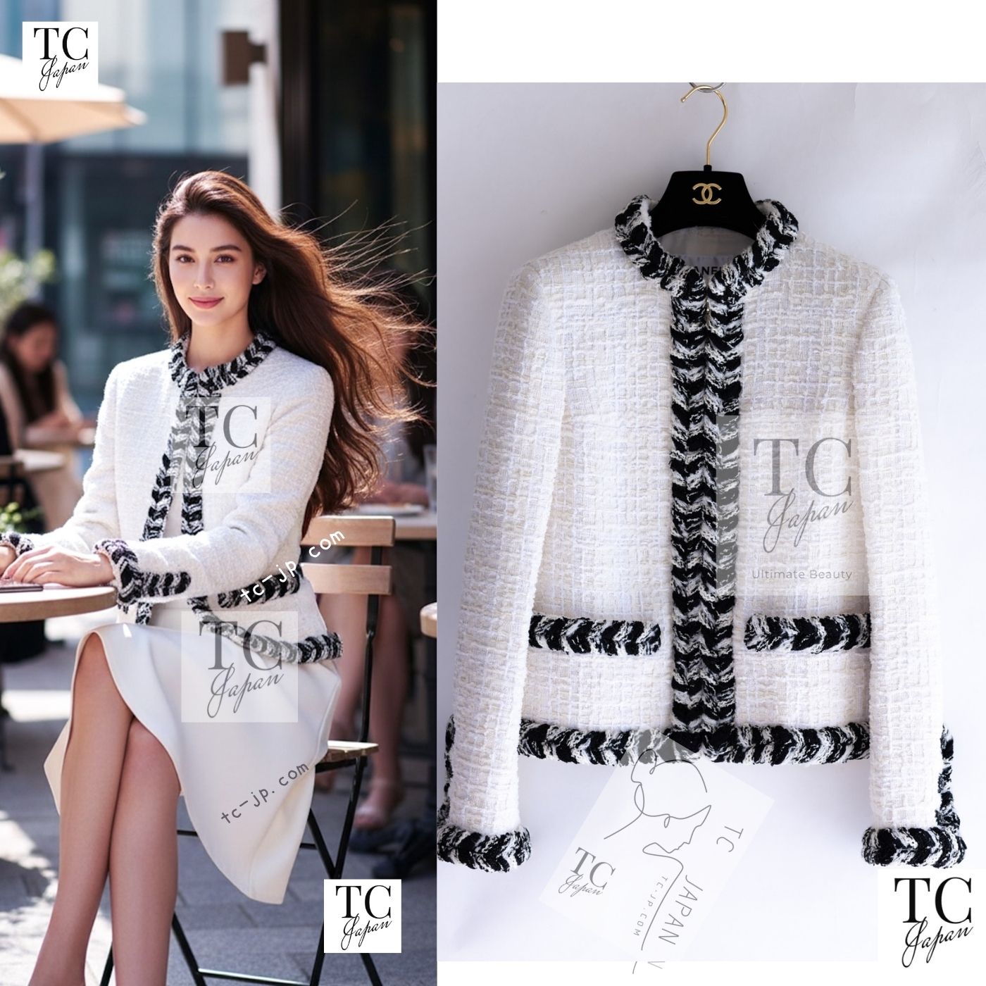[中古] シャネル 上衣 CHANEL 象牙色 白いこと 黒いこと 金モール 刈り込み 否色つや ファスナー 綿織物 ツィード 女役者着 超美品 42