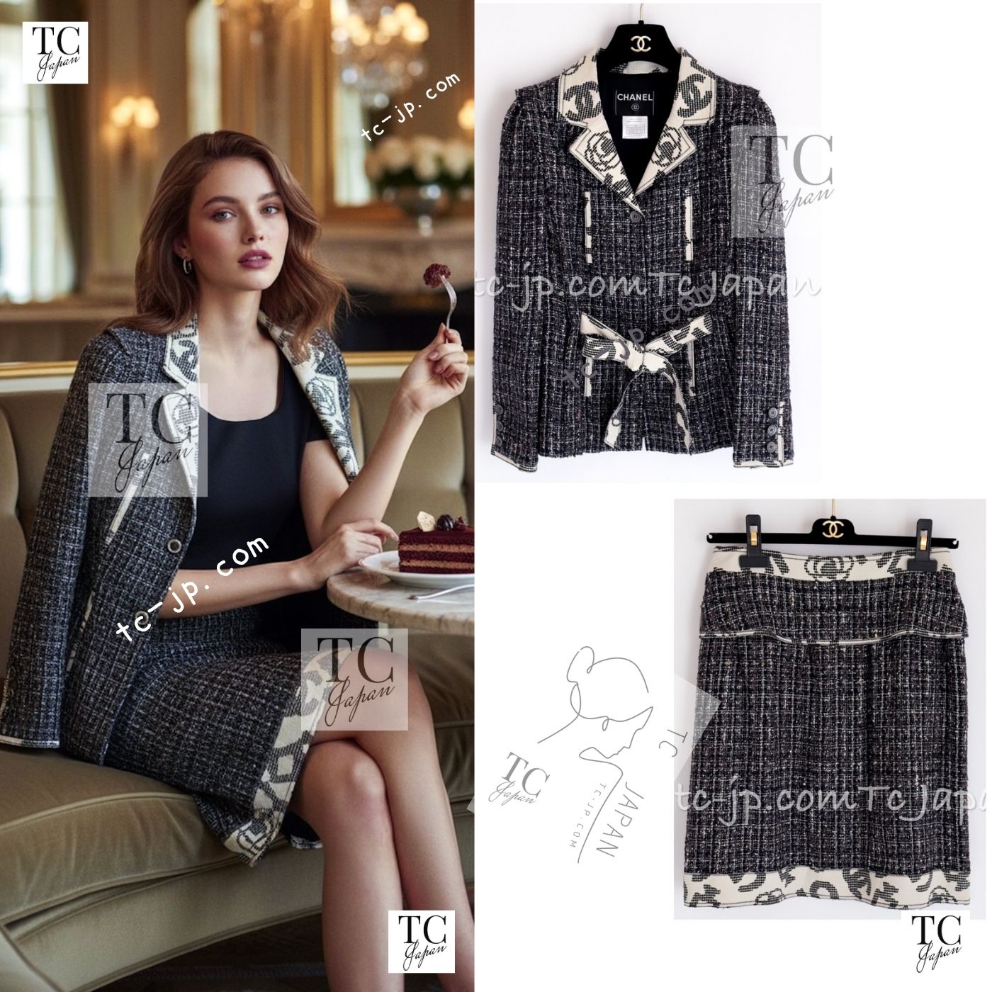[中古] シャネル 上衣 背広 CHANEL CCロゴタイプ 薄墨色 ベージュ ツィード スコート 長い巻き毛・ラガーフェルド 超美品 38
