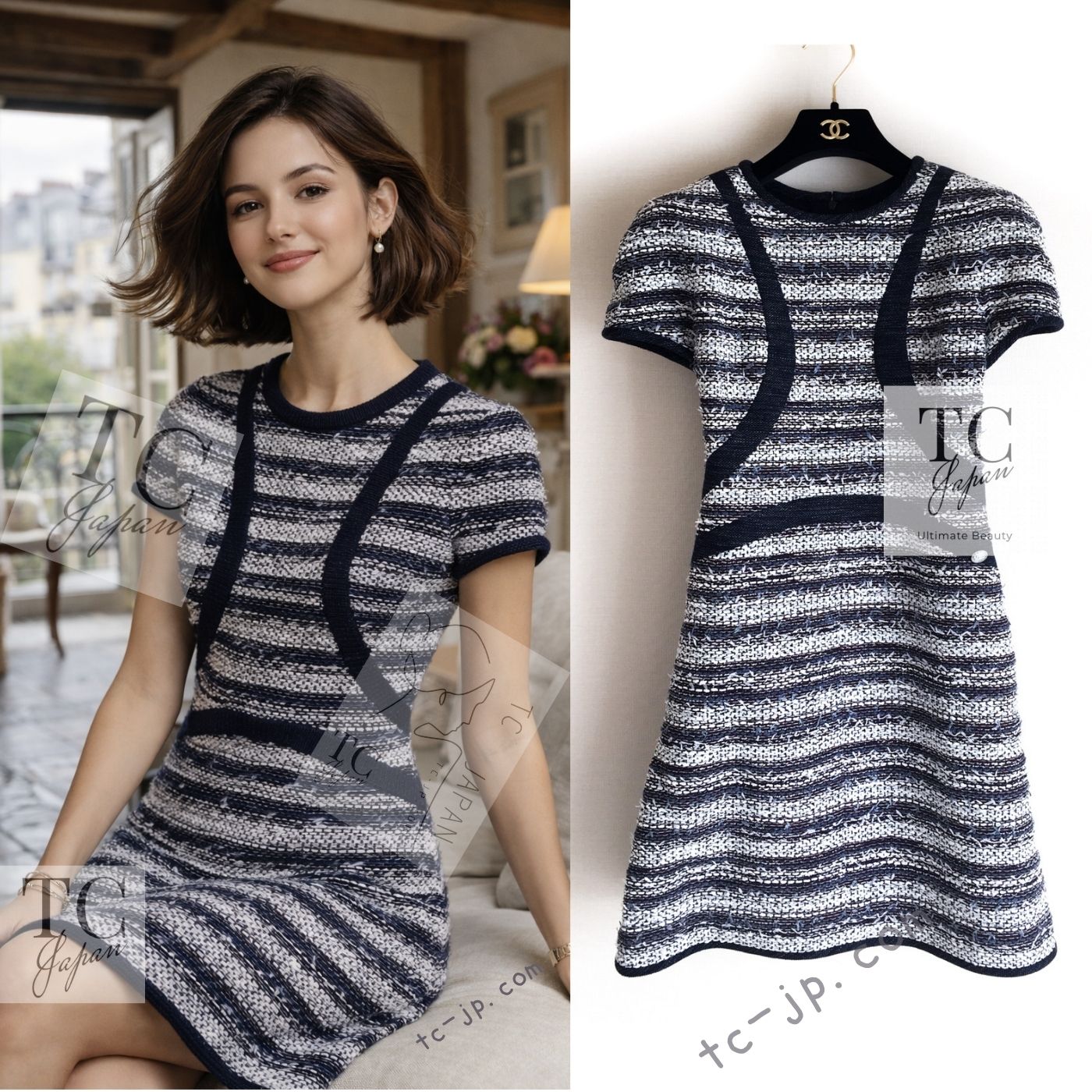 [中古] シャネル 衣裳 CHANEL 米国海軍 白いこと 縞模様柄 九夏 綿織物 ツィード 半袖 長い巻き毛・ラガーフェルド 滅多に無い大いさ 44 レディースファッション-ワンピース