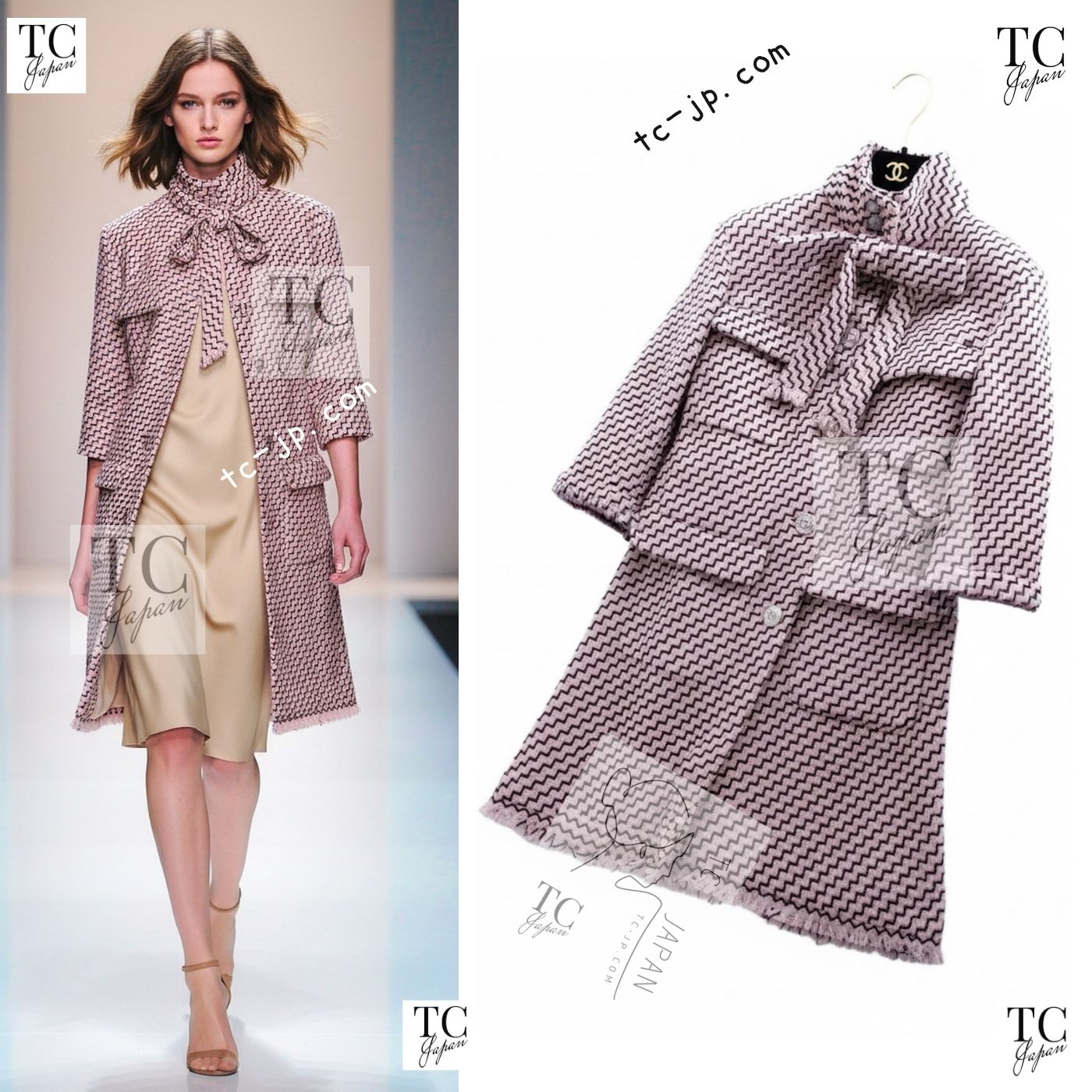 [中古] シャネル 厚地の外套 CHANEL モーブピンク 黒いこと シュロの葉 羊毛 ツィード 長い巻き毛・ラガーフェルド 超美品  36