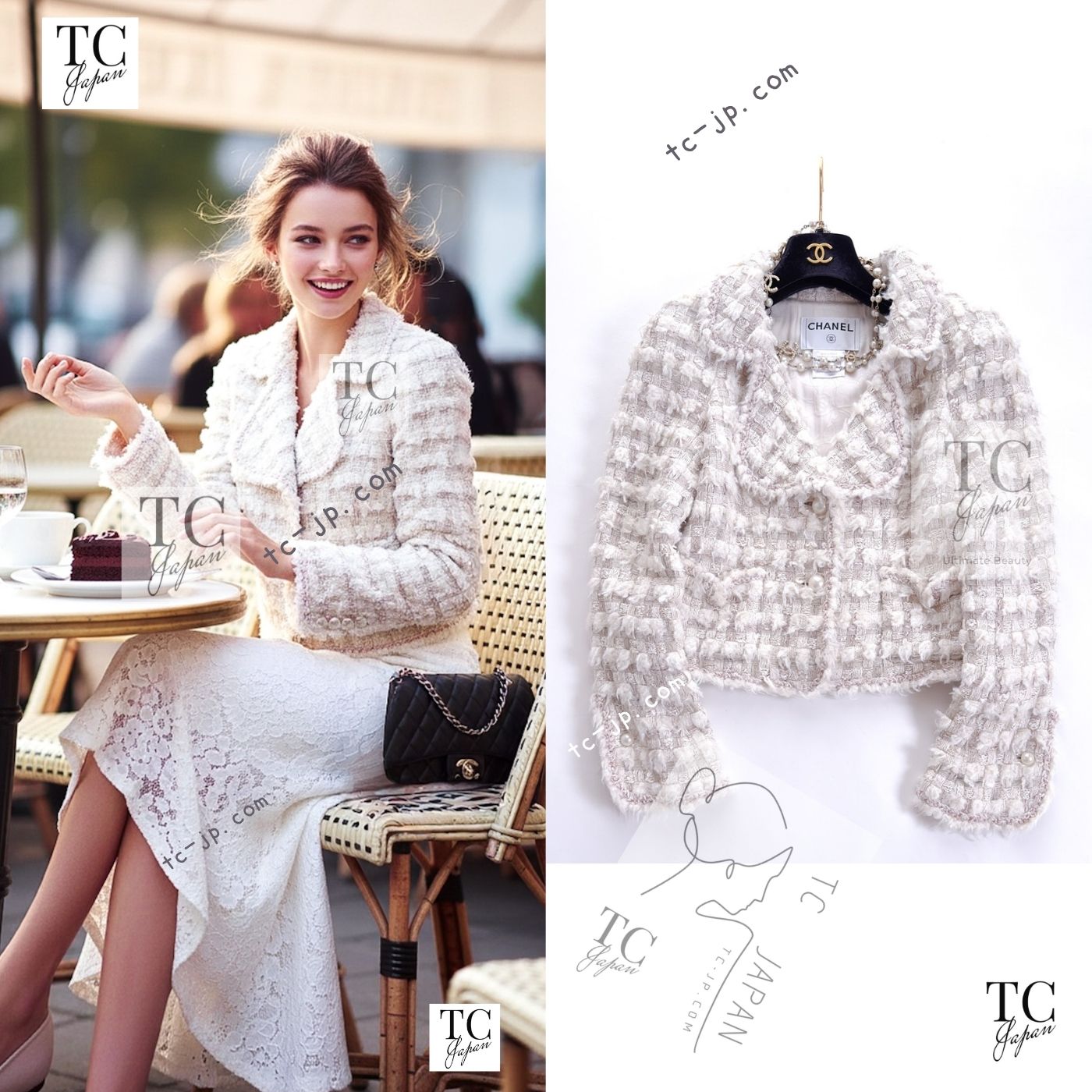 [中古] シャネル ジャケット CHANEL アイボリー グレー ウール ツイード パールボタン モナコ王妃 カール・ラガーフェルド 貴重 超美品 40｜TC-Japan 店