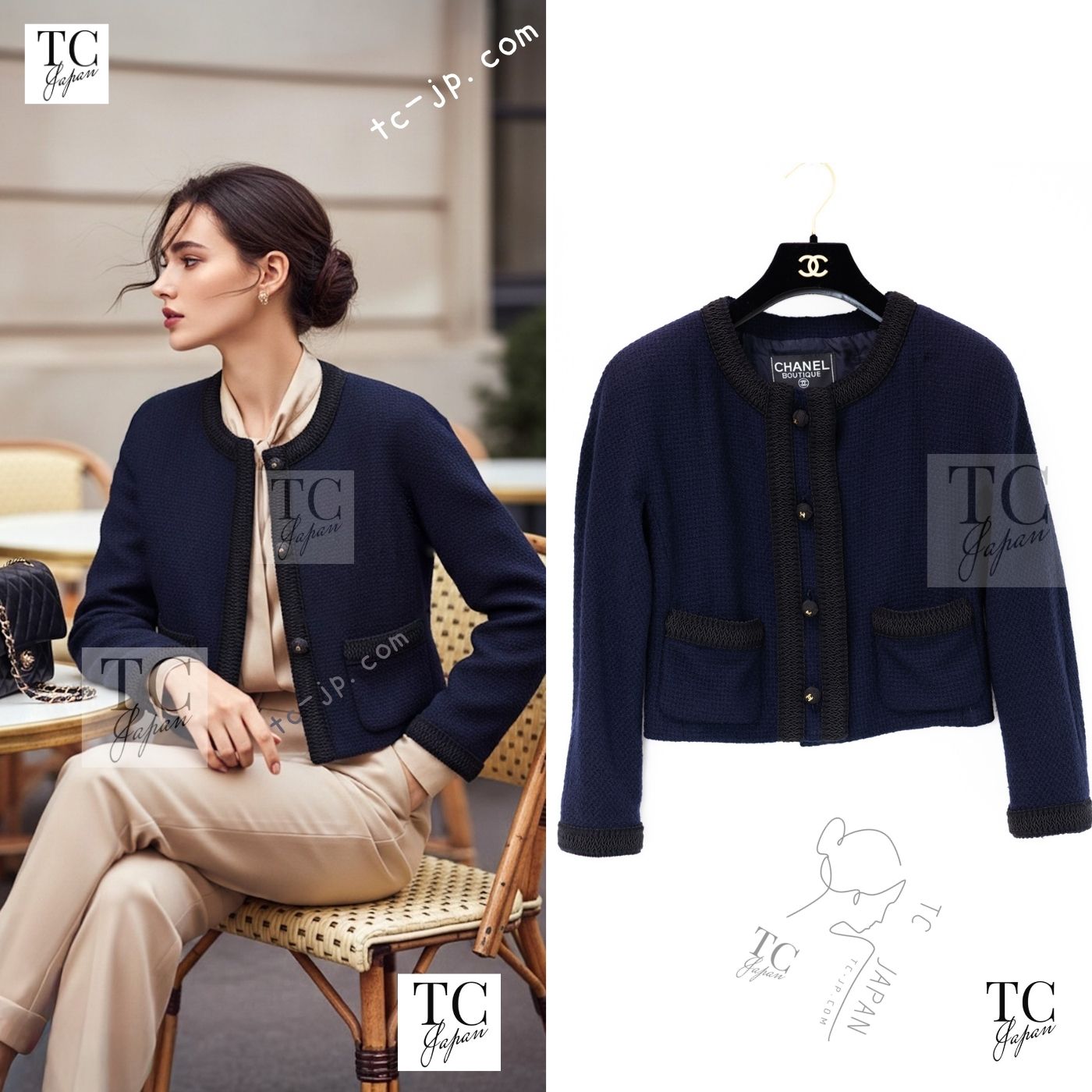 [中古] シャネル 上衣 CHANEL ヴィンテージ うす暗い 米国海軍 黒いこと ブレードトリム CCロゴタイプ 手毬名取り草 羊毛 ツィード 36