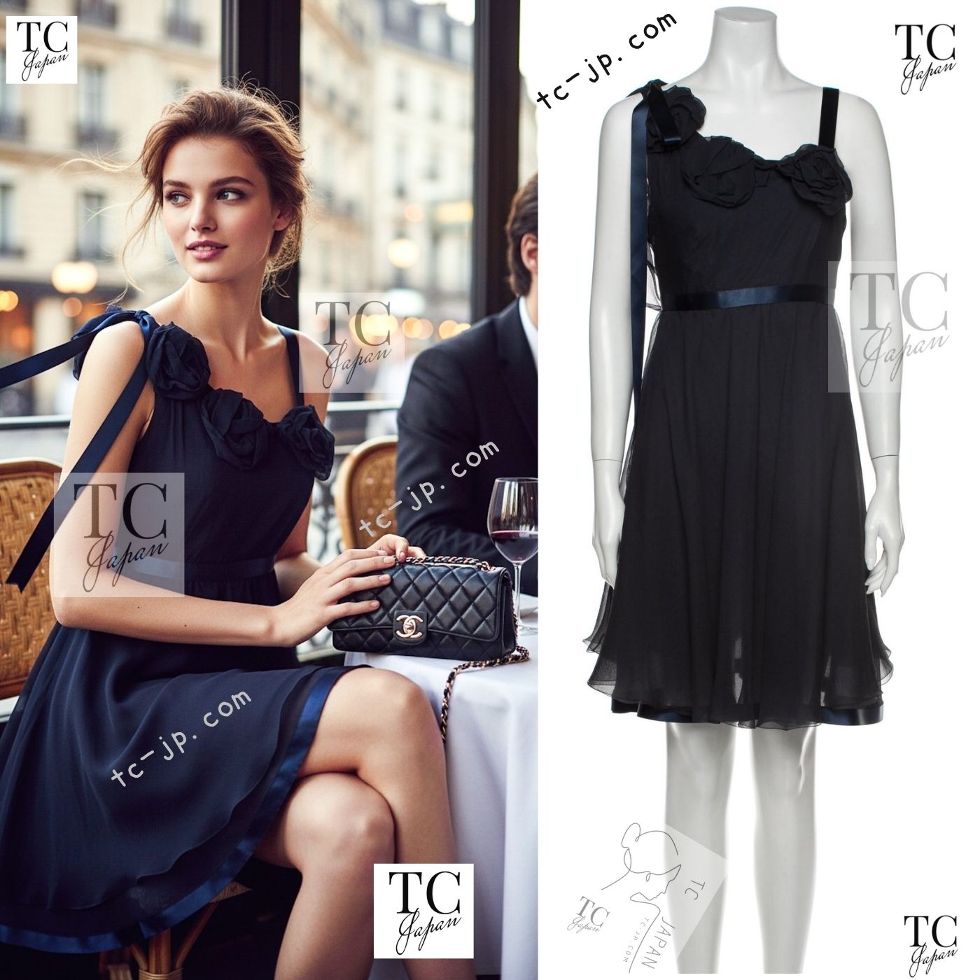 [中古] シャネル ワンピース ドレス CHANEL ダークネイビー シルク カメリア カール・ラガーフェルド ココボタン貴重 超美品 34｜TC-Japan 店