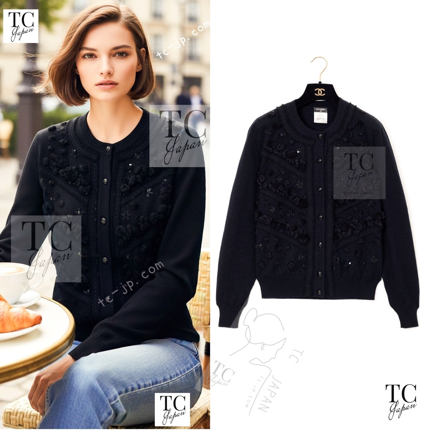 [中古] シャネル カーディガン CHANEL ブラック スパンコール 装飾 カシミヤ 100% ニット カール・ラガーフェルド 豪華 超美品 36 38 40｜TC-Japan 店