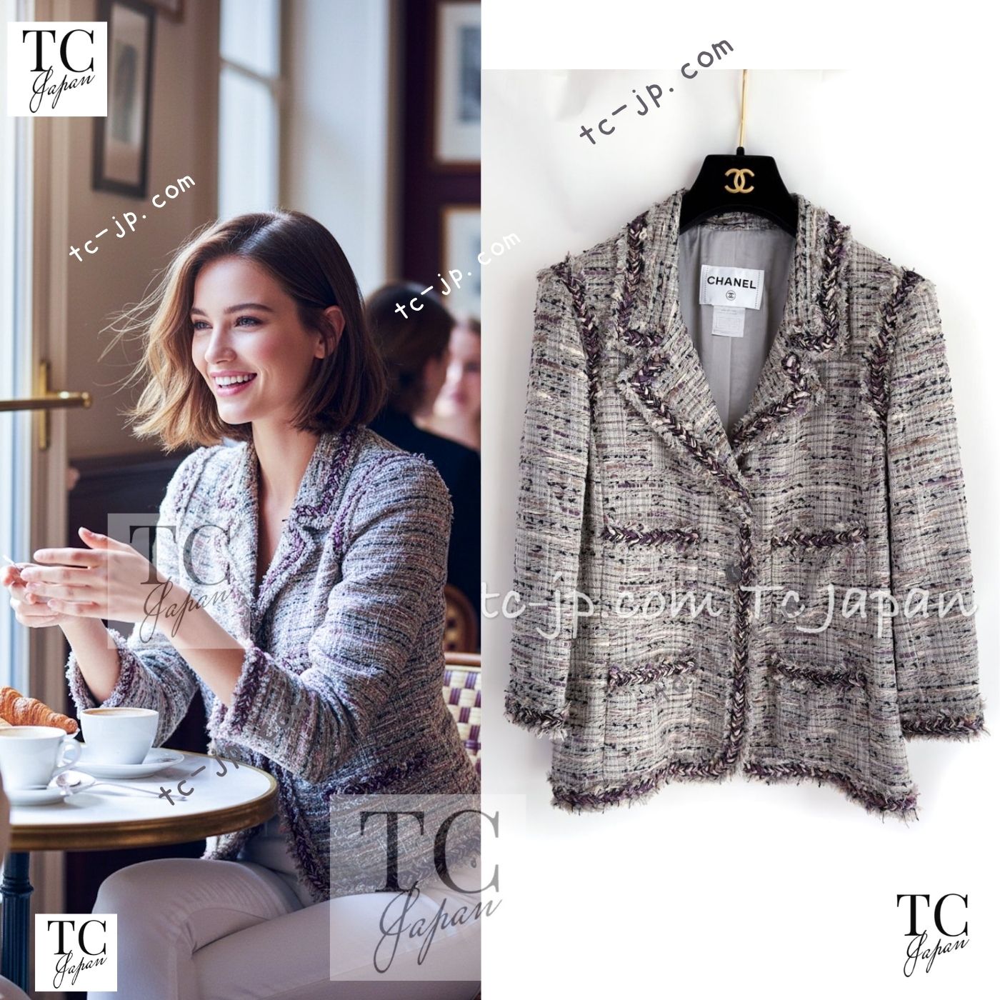 [中古] シャネル 上衣 CHANEL 薄墨色 パープル ブレイド 刈り込み CCハンドシェーク名取り草 ルサージュ ツィード 98万 長い巻き毛・ラガーフェルド 超美品 38