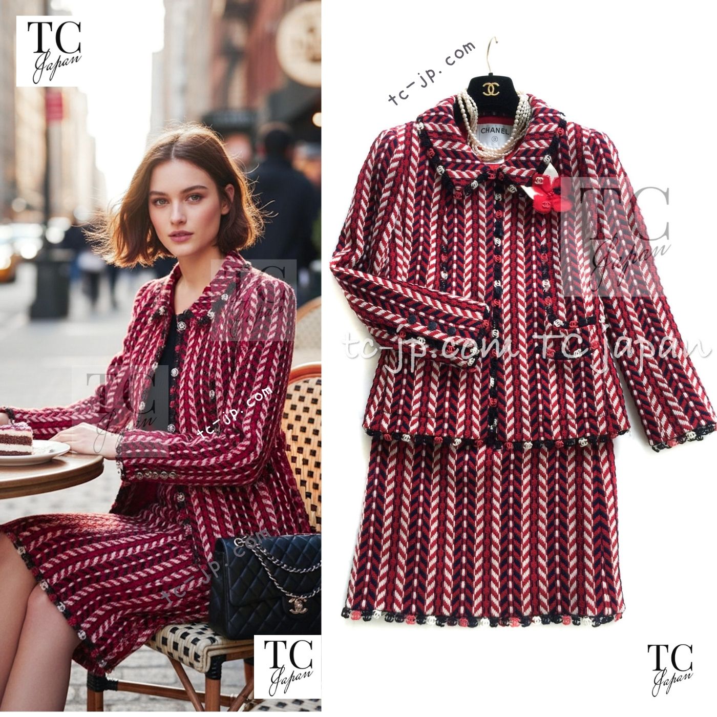 [中古] シャネル 背広 CHANEL レッドネイビー トリコロール 羊毛 ツィード 上衣 スコート カメリア胸飾り付 ココマーク 長い巻き毛・ラガーフェルド 超美品 34