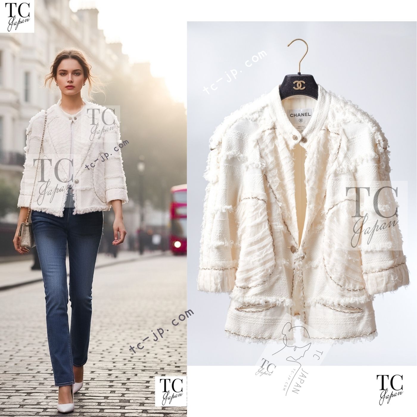 [中古] シャネル 上衣 CHANEL 象牙色 綿織物 地絹 シフォン チェーン店 刈り込み 長い巻き毛・ラガーフェルド 価値高い 超美品 42